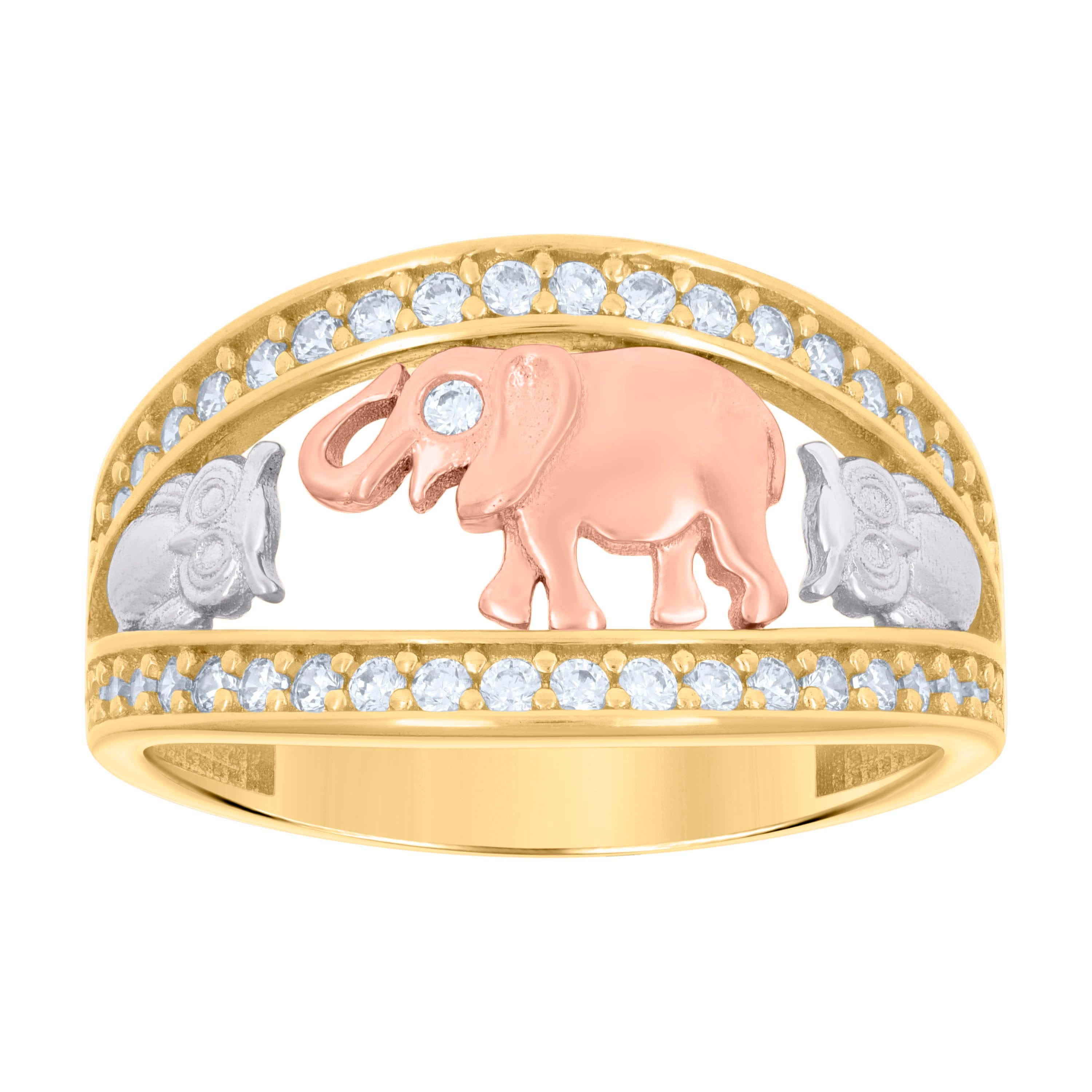 14kt Tri-Color Gold Women Cubic-Zirconia Elephant Owl Good Luck Ring