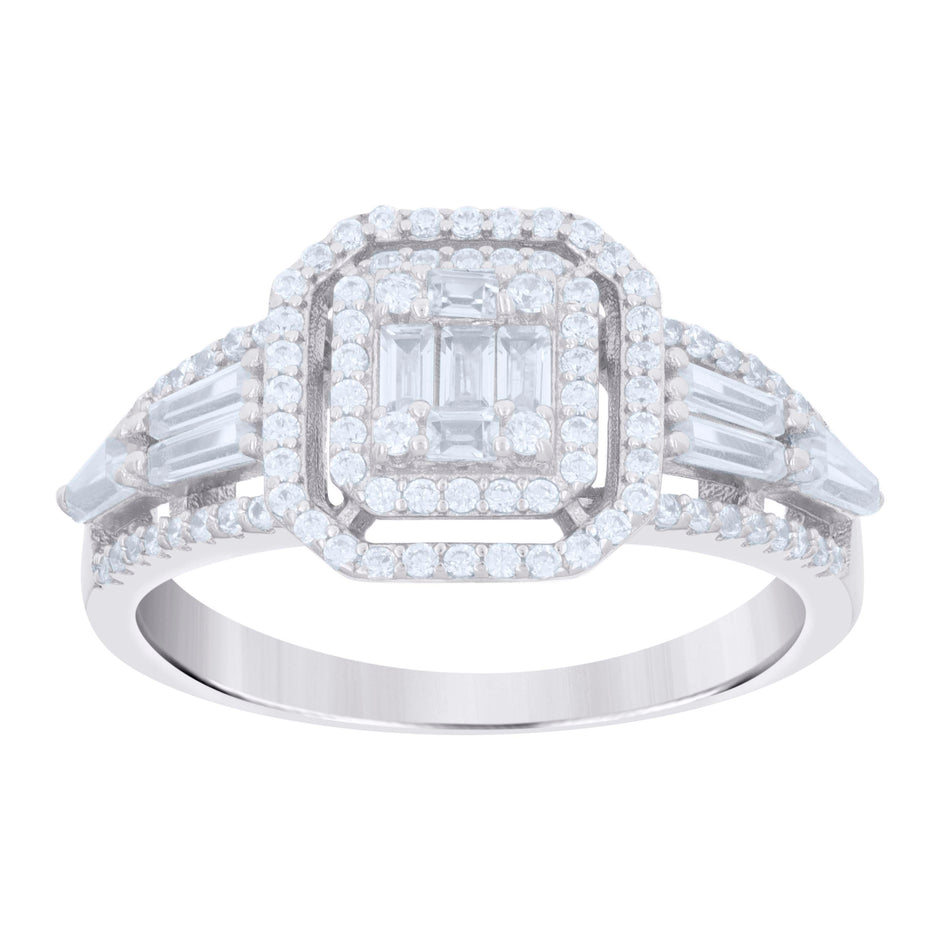 925 Sterling Silver Womens Baguette Round Cubic-Zirconia Octagon Head Fashion Ring Size 6