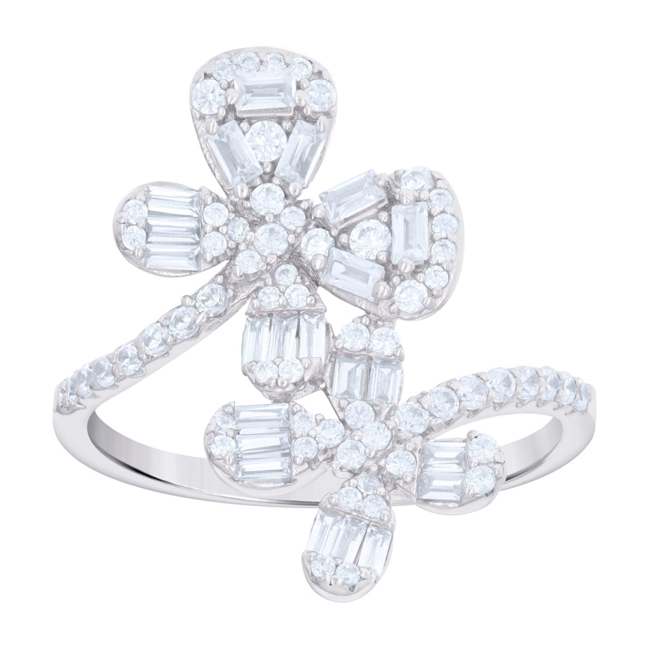925 Sterling Silver Womens Baguette Round Cubic-Zirconia Flower Fashion Ring Size 7 - SLV-121714