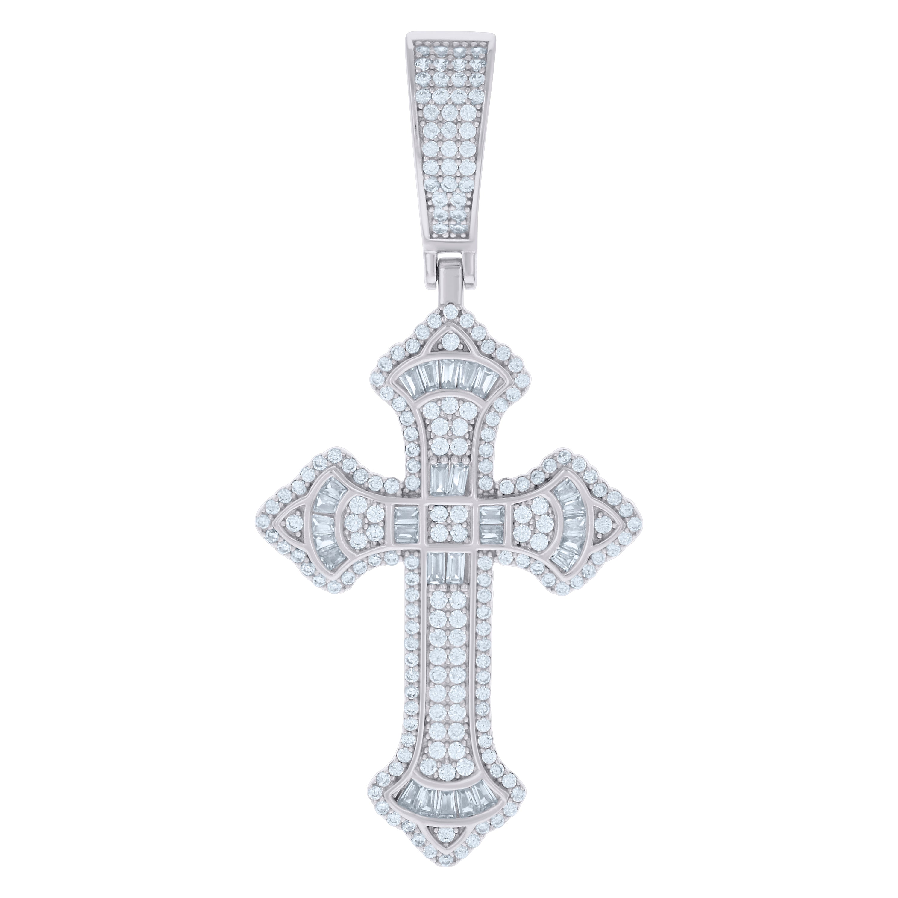 925 Sterling Silver Mens Baguette Round Cubic-Zirconia Cross Religious Charm Pendant