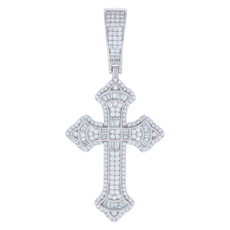 925 Sterling Silver Mens Baguette Round Cubic-Zirconia Cross Religious Charm Pendant