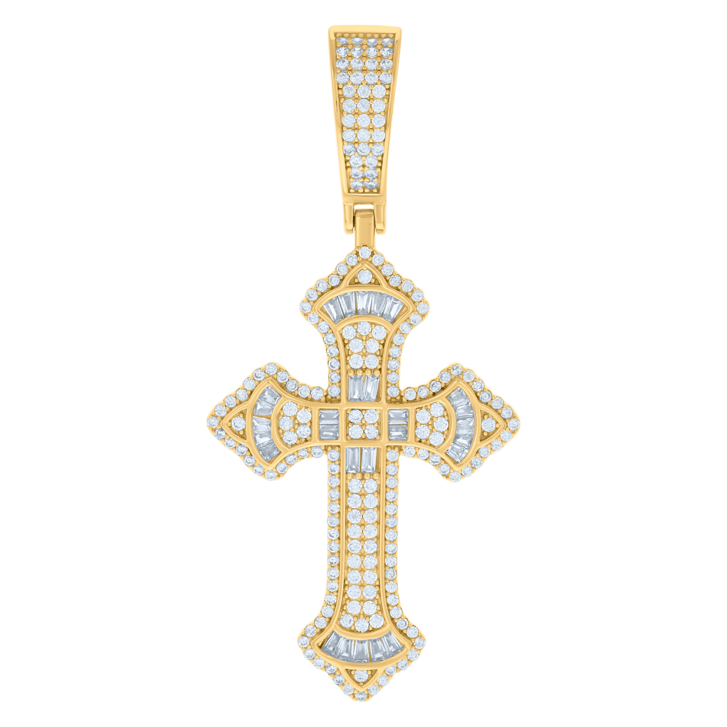 925 Sterling Silver Yellow-tone Mens Baguette Round Cubic-Zirconia Cross Religious Charm Pendant