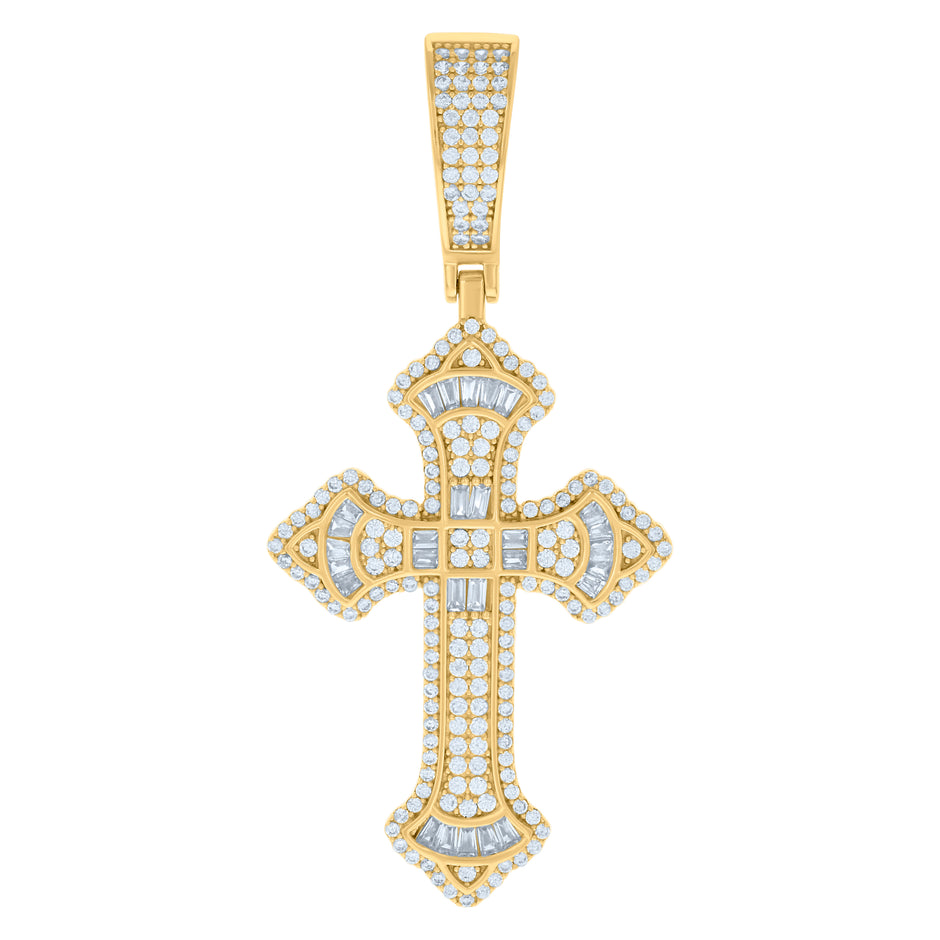 925 Sterling Silver Yellow-tone Mens Baguette Round Cubic-Zirconia Cross Religious Charm Pendant