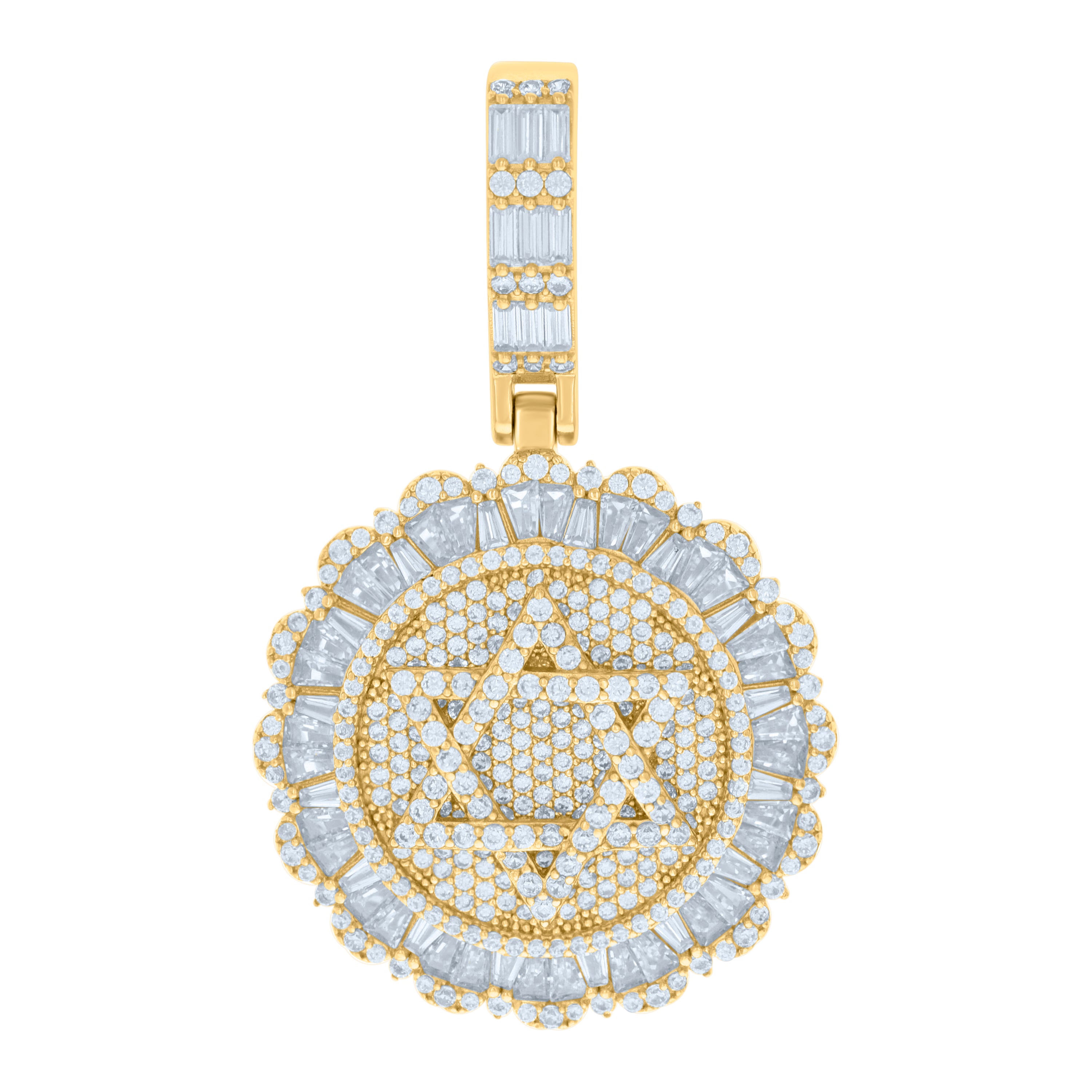 925 Sterling Silver Yellow-tone Mens Baguette Round Cubic-Zirconia Star Of David Symbol Religious Pendant