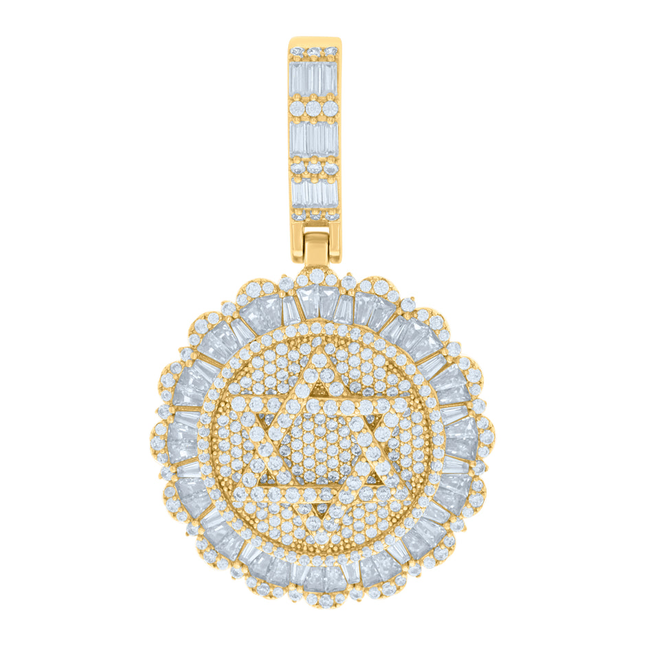 925 Sterling Silver Yellow-tone Mens Baguette Round Cubic-Zirconia Star Of David Symbol Religious Pendant