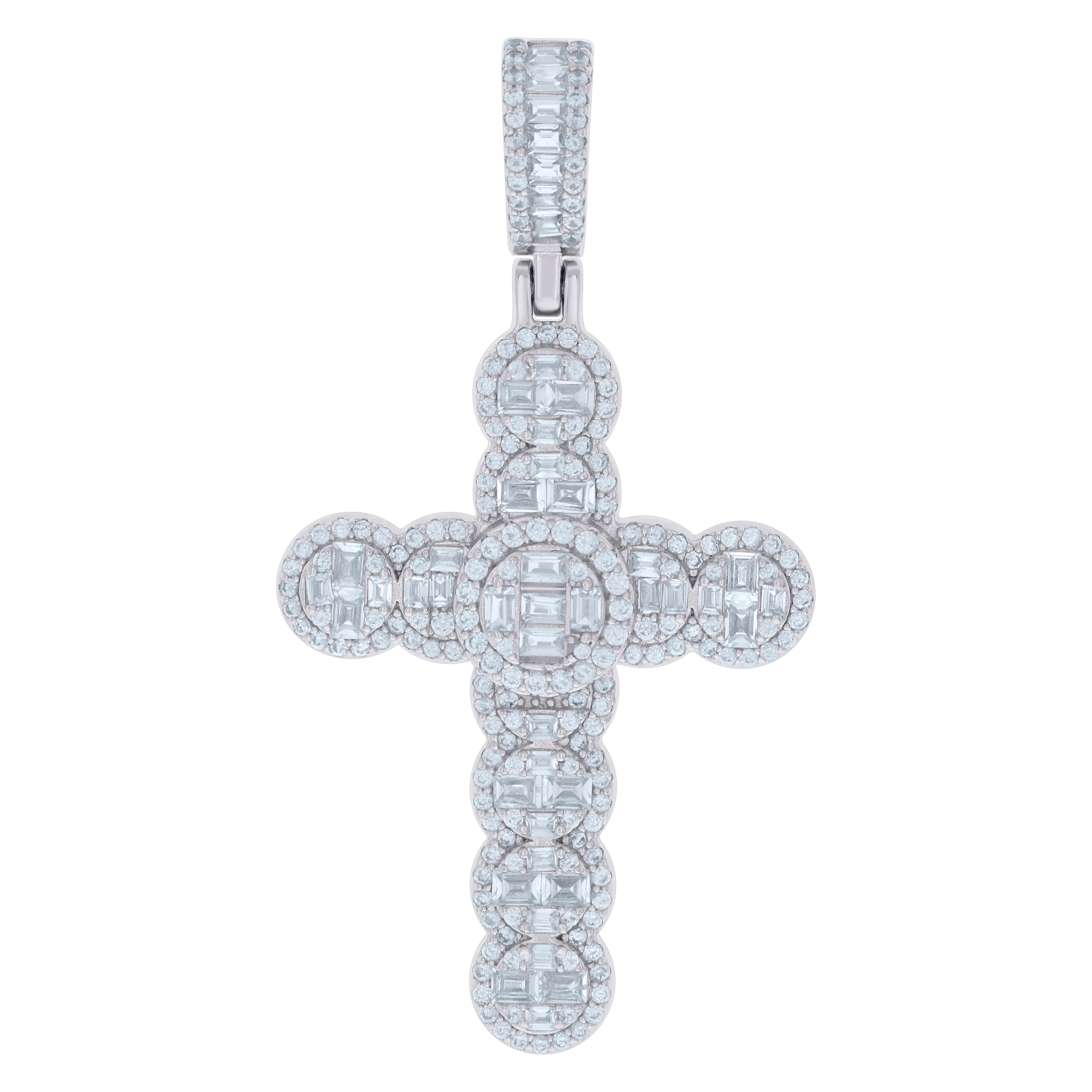 925 Sterling Silver Mens Baguette Round Cubic-Zirconia Cross Religious Charm Pendant