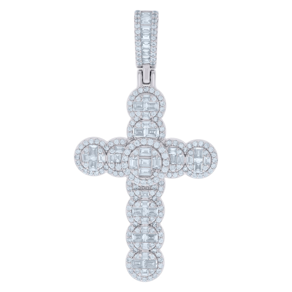 925 Sterling Silver Mens Baguette Round Cubic-Zirconia Cross Religious Charm Pendant