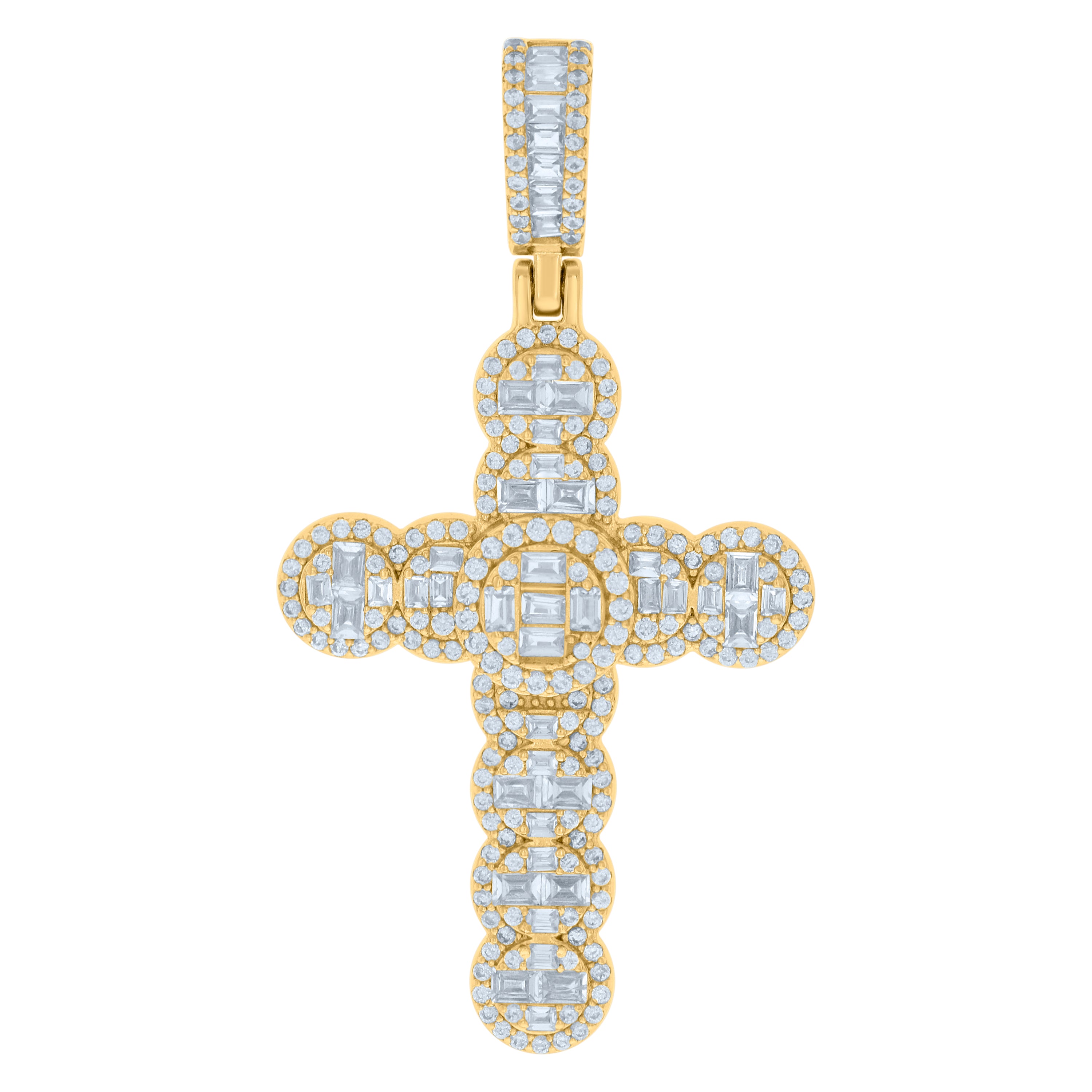 925 Sterling Silver Yellow-tone Mens Baguette Round Cubic-Zirconia Cross Religious Charm Pendant