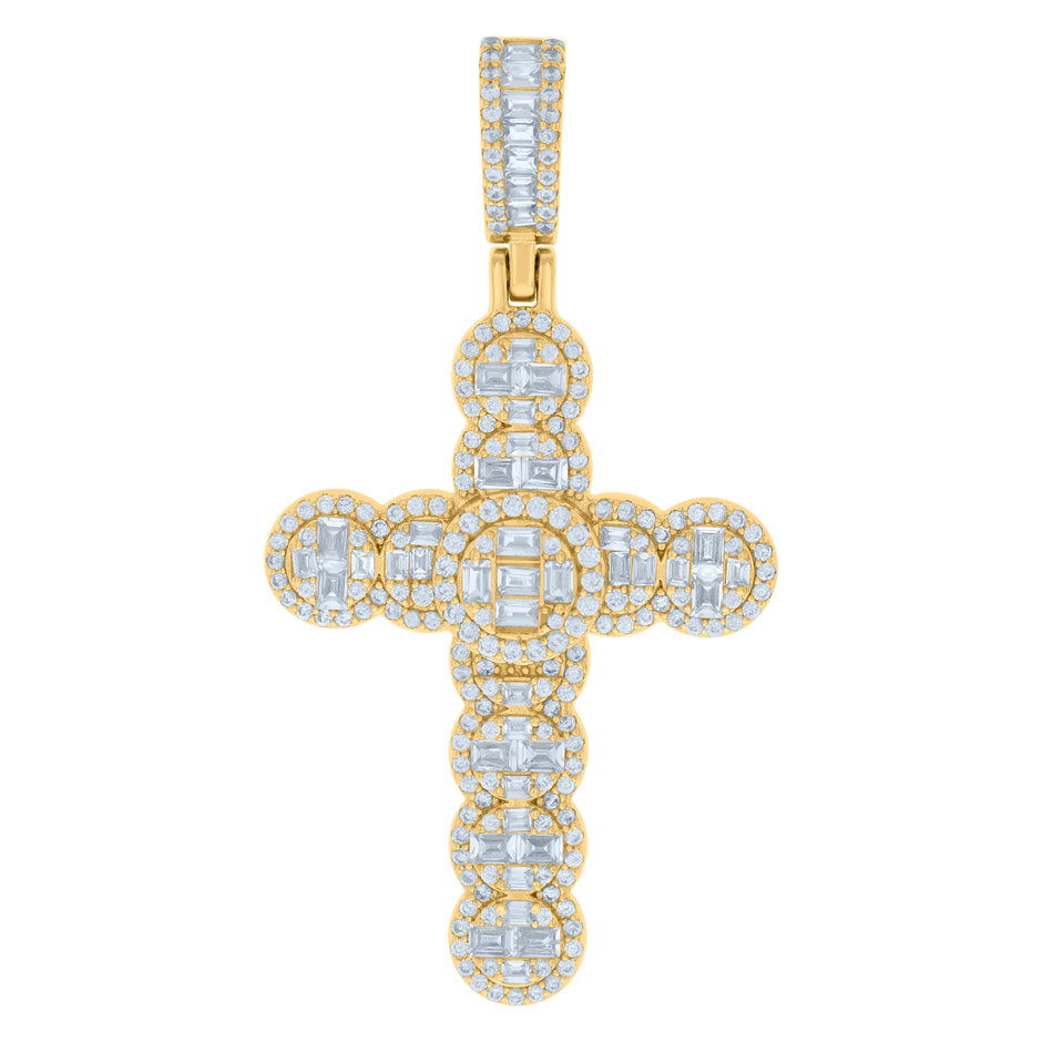925 Sterling Silver Yellow-tone Mens Baguette Round Cubic-Zirconia Cross Religious Charm Pendant