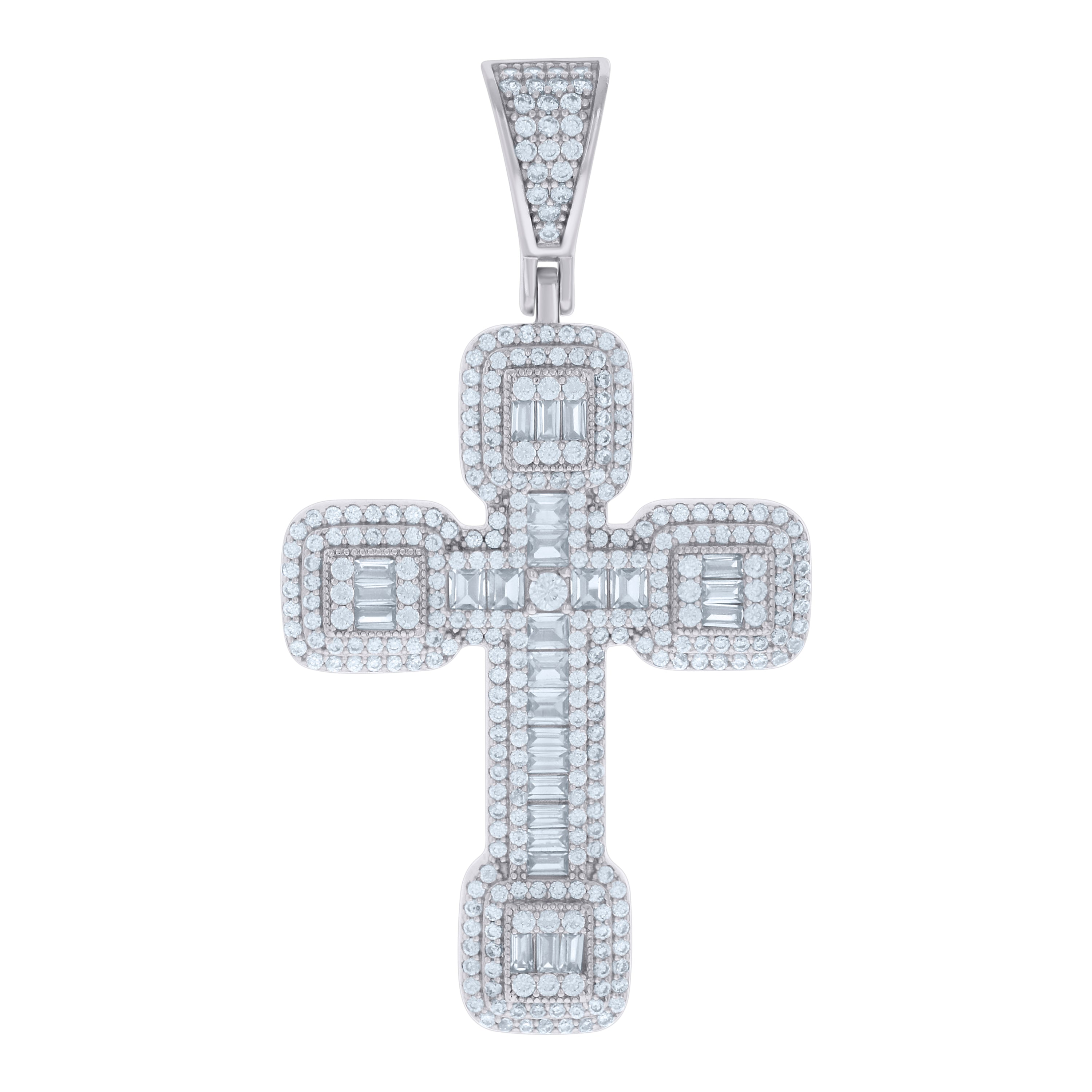 925 Sterling Silver Mens Baguette Round Cubic-Zirconia Cross Religious Charm Pendant