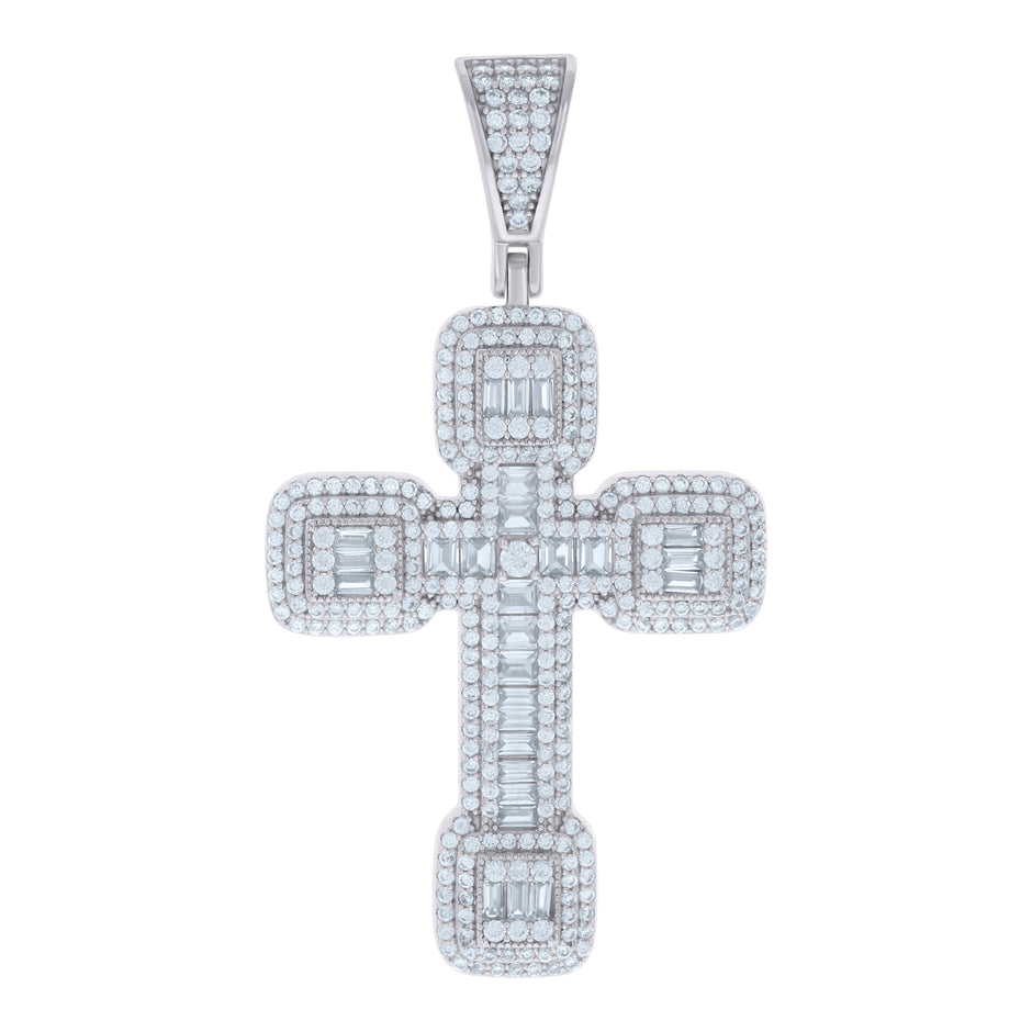 925 Sterling Silver Mens Baguette Round Cubic-Zirconia Cross Religious Charm Pendant