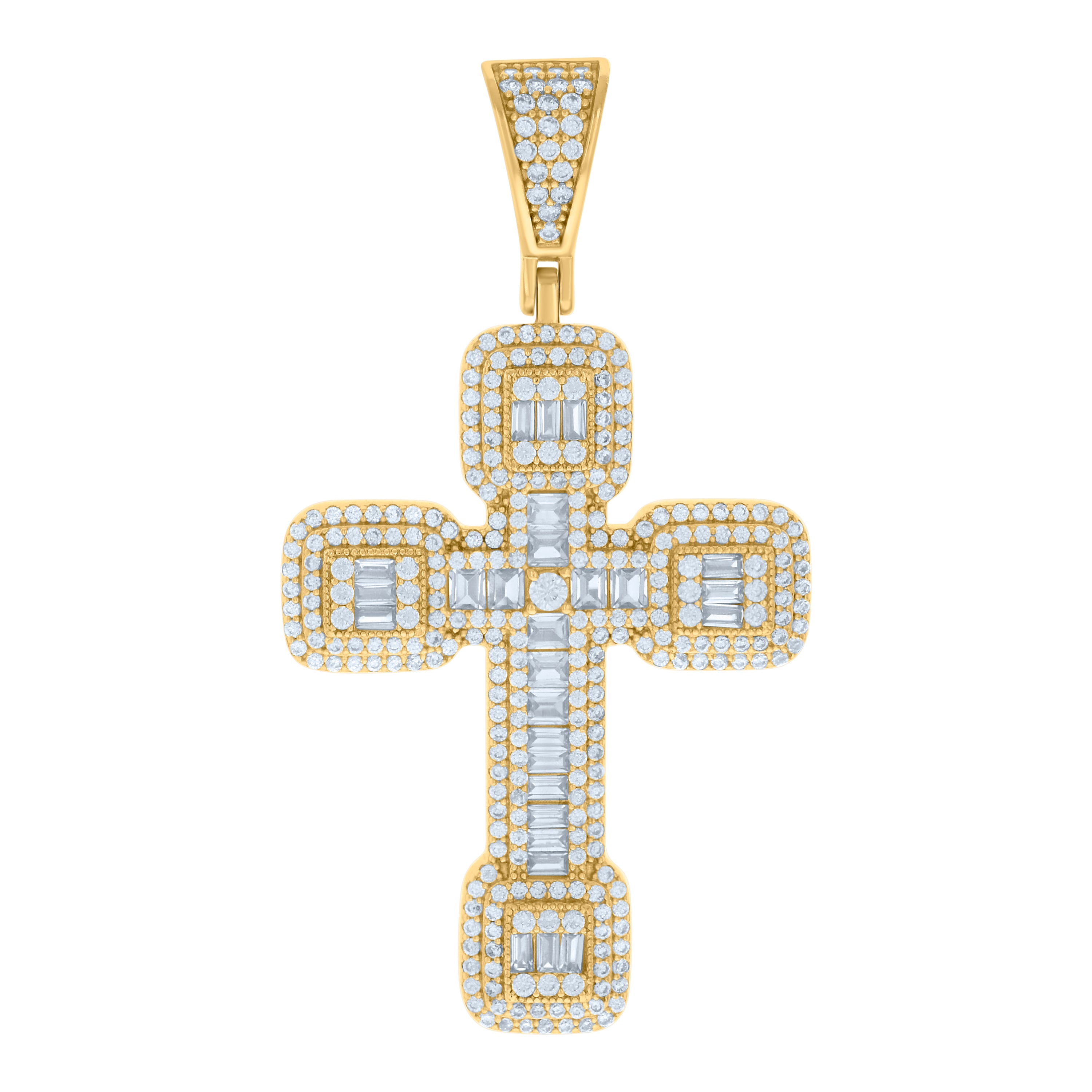925 Sterling Silver Yellow-tone Mens Baguette Round Cubic-Zirconia Cross Religious Charm Pendant