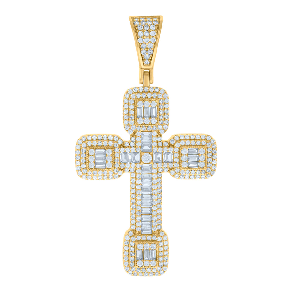 925 Sterling Silver Yellow-tone Mens Baguette Round Cubic-Zirconia Cross Religious Charm Pendant