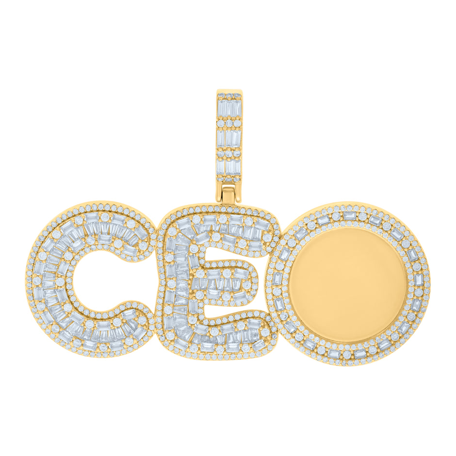 925 Sterling Silver Yellow-tone Mens Baguette Round Cubic-Zirconia CEO Talking Fashion Charm Pendant