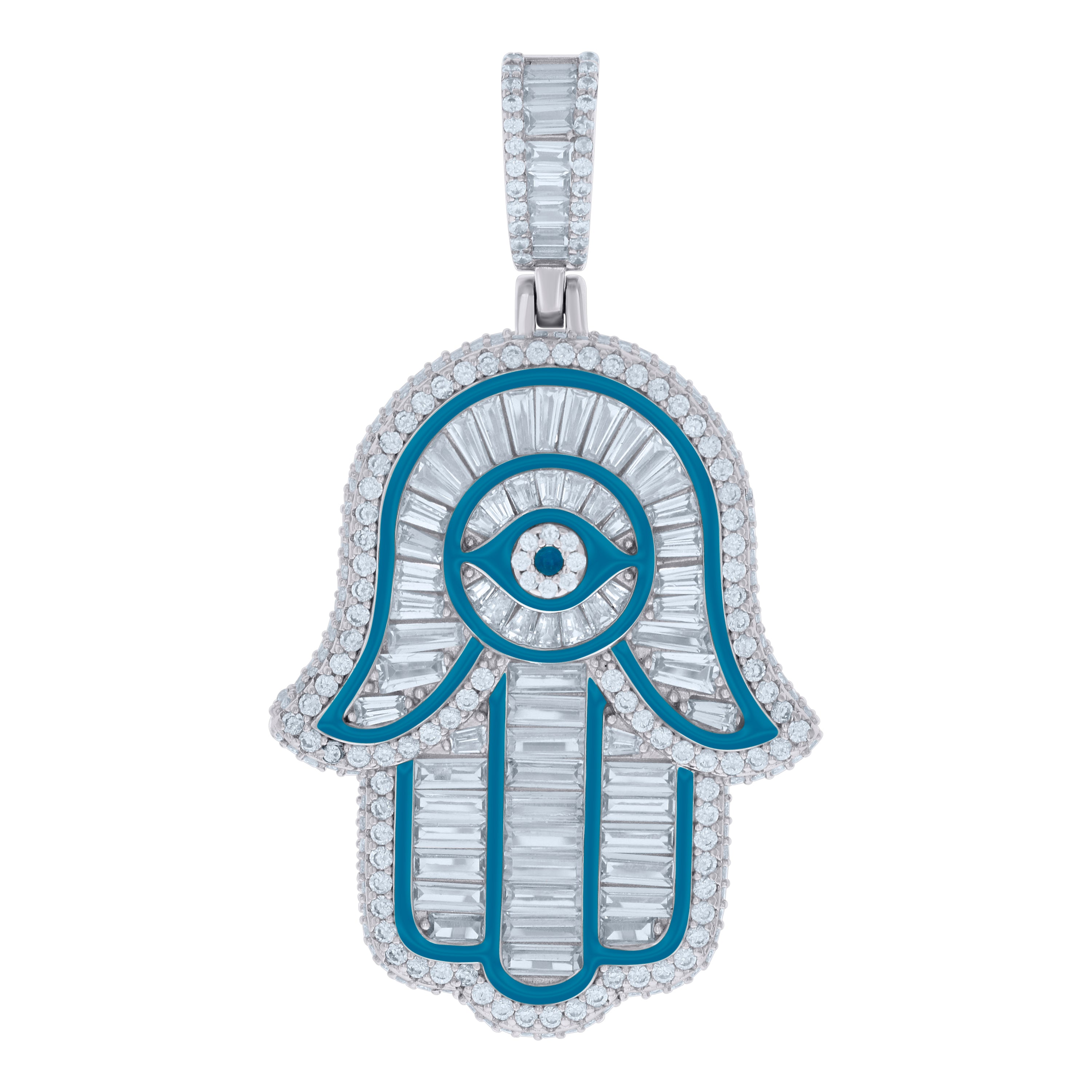 925 Sterling Silver Mens Baguette Round Cubic-Zirconia Blue Enamel Hamsa Symbol Religious Pendant