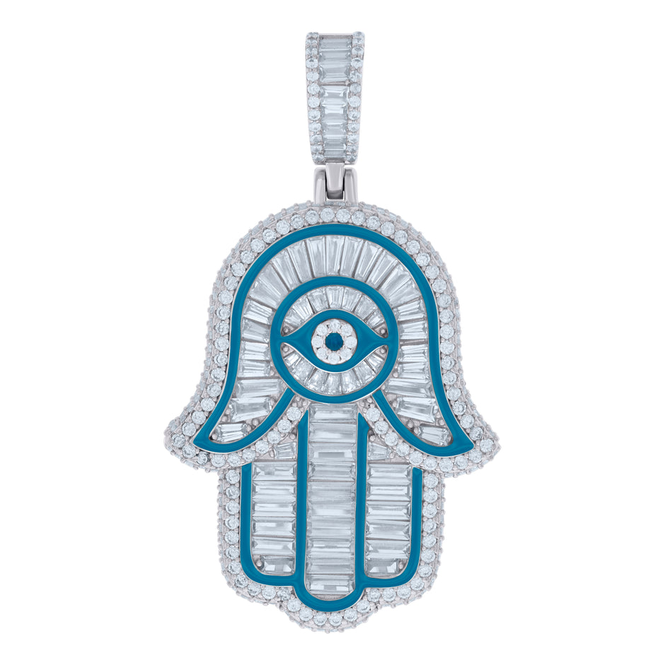 925 Sterling Silver Mens Baguette Round Cubic-Zirconia Blue Enamel Hamsa Symbol Religious Pendant