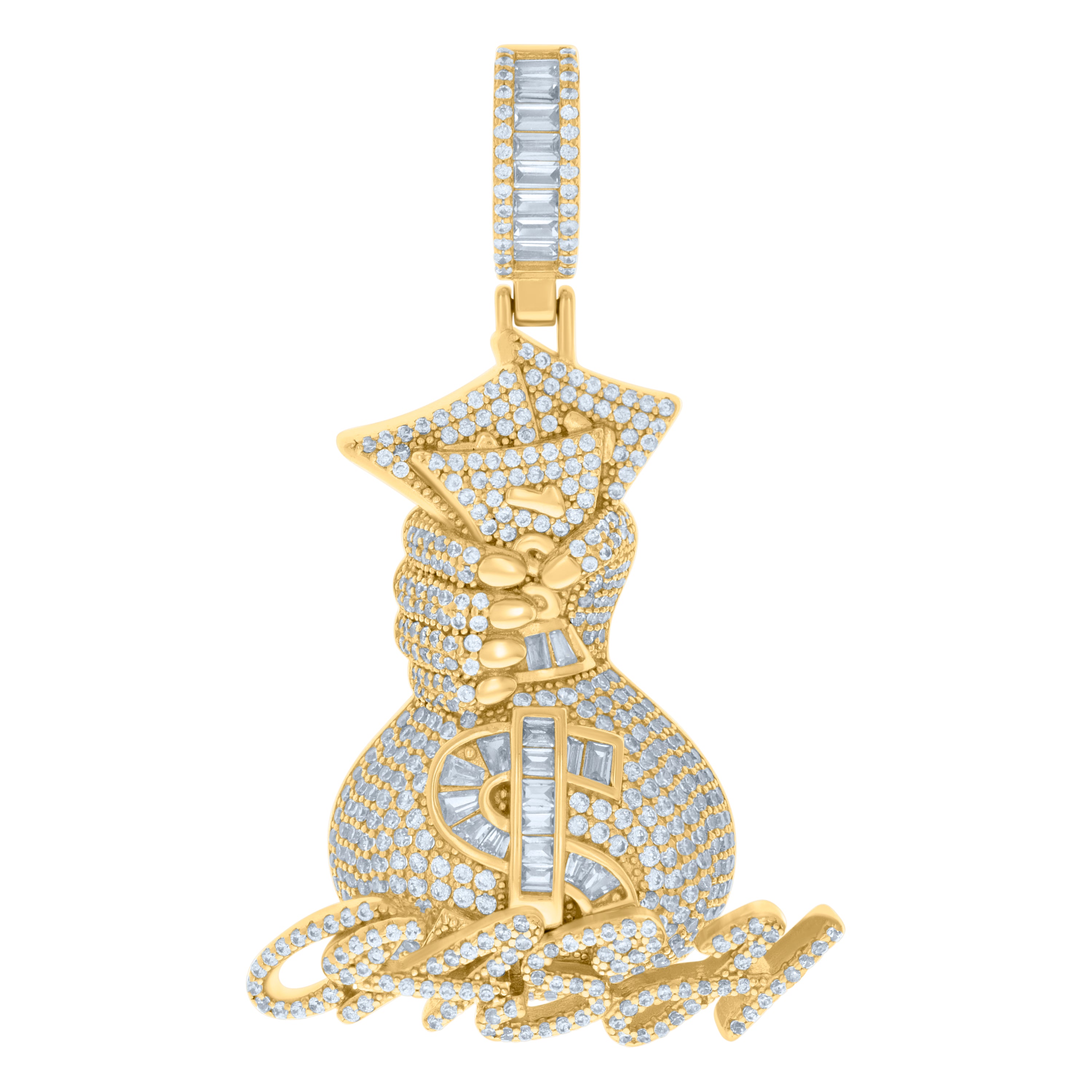 925 Sterling Silver Yellow-tone Mens Baguette Round Cubic-Zirconia Money Bag Currency Charm Pendant