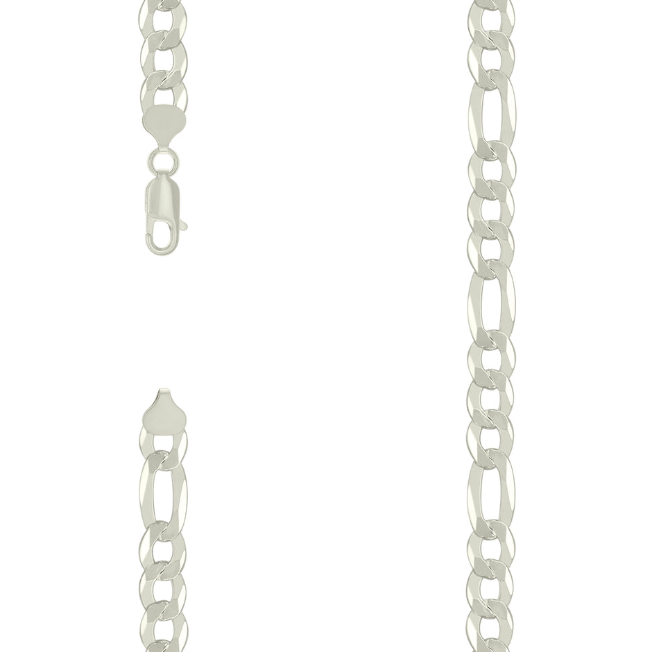 925 Sterling Silver Super Flat Figaro Chain Silver Plated 200 8.9mm-22" - SLV-122254