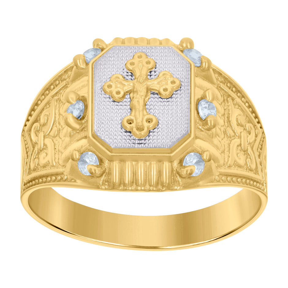 10kt Two-tone Gold Mens Cubic-Zirconia Crucifix Cross Religious Ring