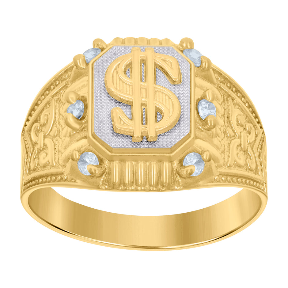 10kt Two-tone Gold Mens Cubic-Zirconia Dollar Symbol Currency Ring