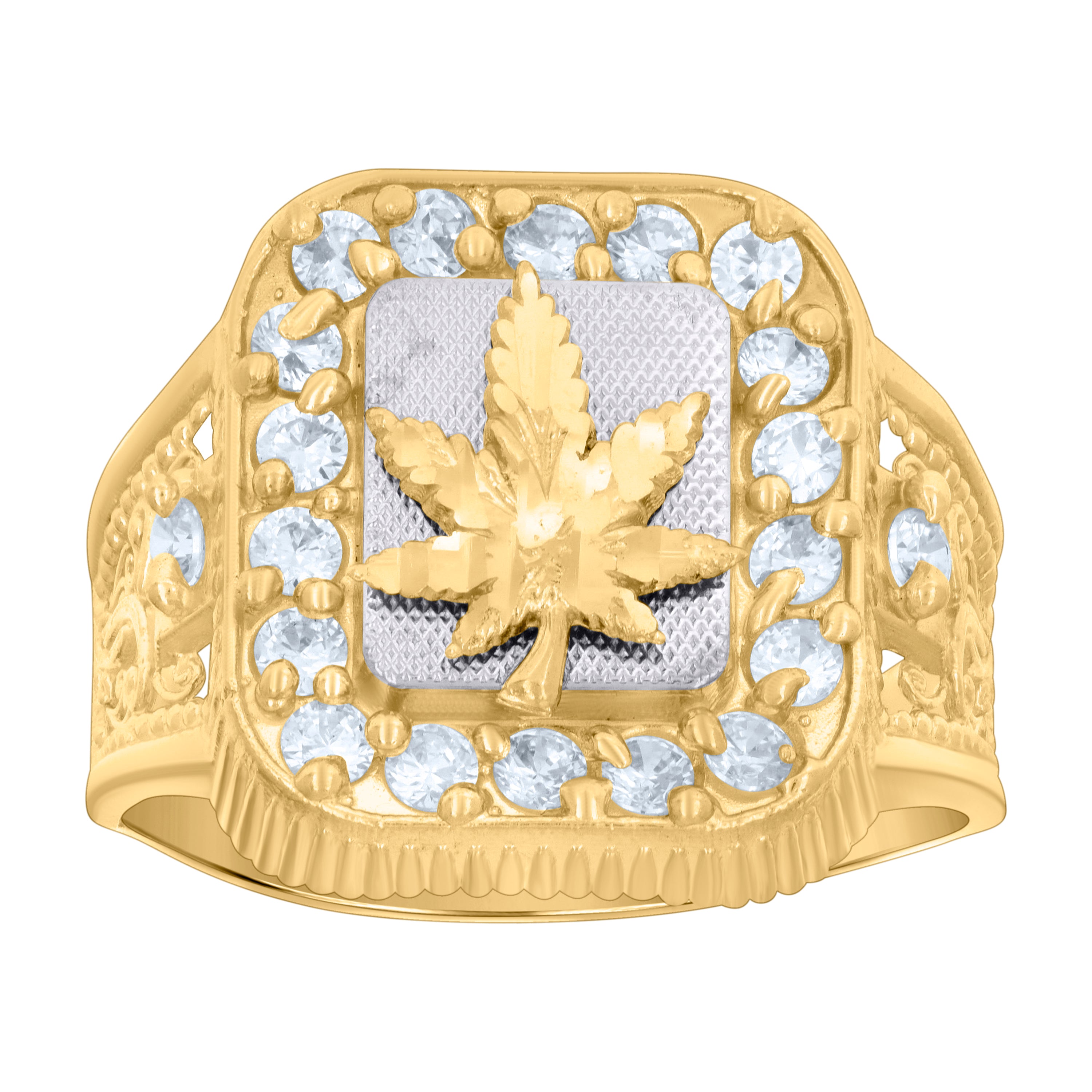 10kt Two-tone Gold Mens Cubic-Zirconia Marijuana Leaf Fashion Ring
