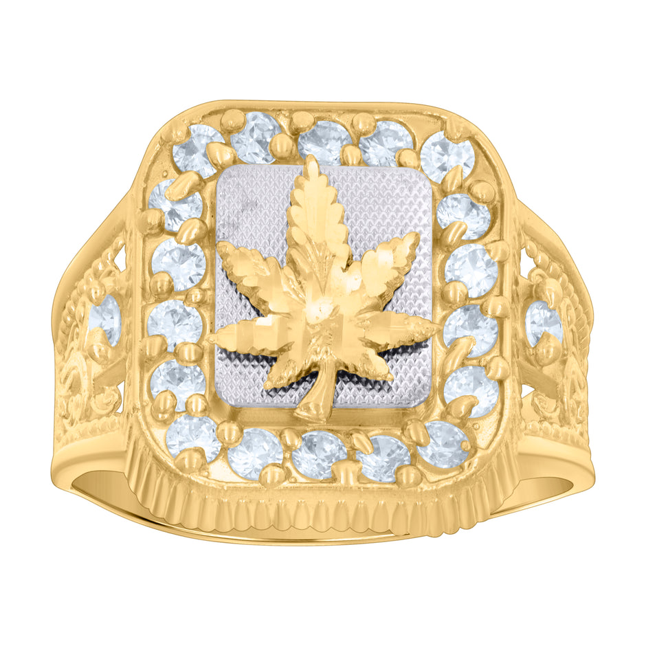 10kt Two-tone Gold Mens Cubic-Zirconia Marijuana Leaf Fashion Ring