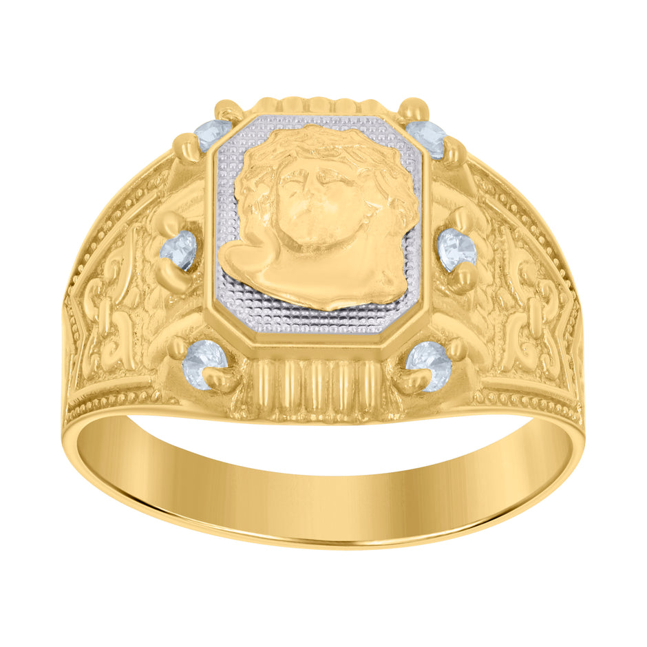 10kt Two-tone Gold Mens Cubic-Zirconia Jesus Religious Ring