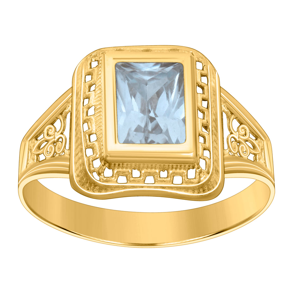10kt Yellow Gold Womens Aqua Emerald-cut Cubic-Zirconia March Birthstone Ring
