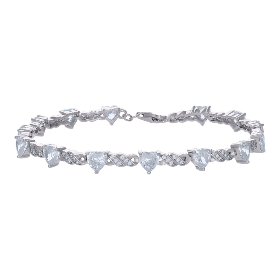 925 Sterling Silver Womens Heart Round Cubic-Zirconia Heart Tennis Bracelet