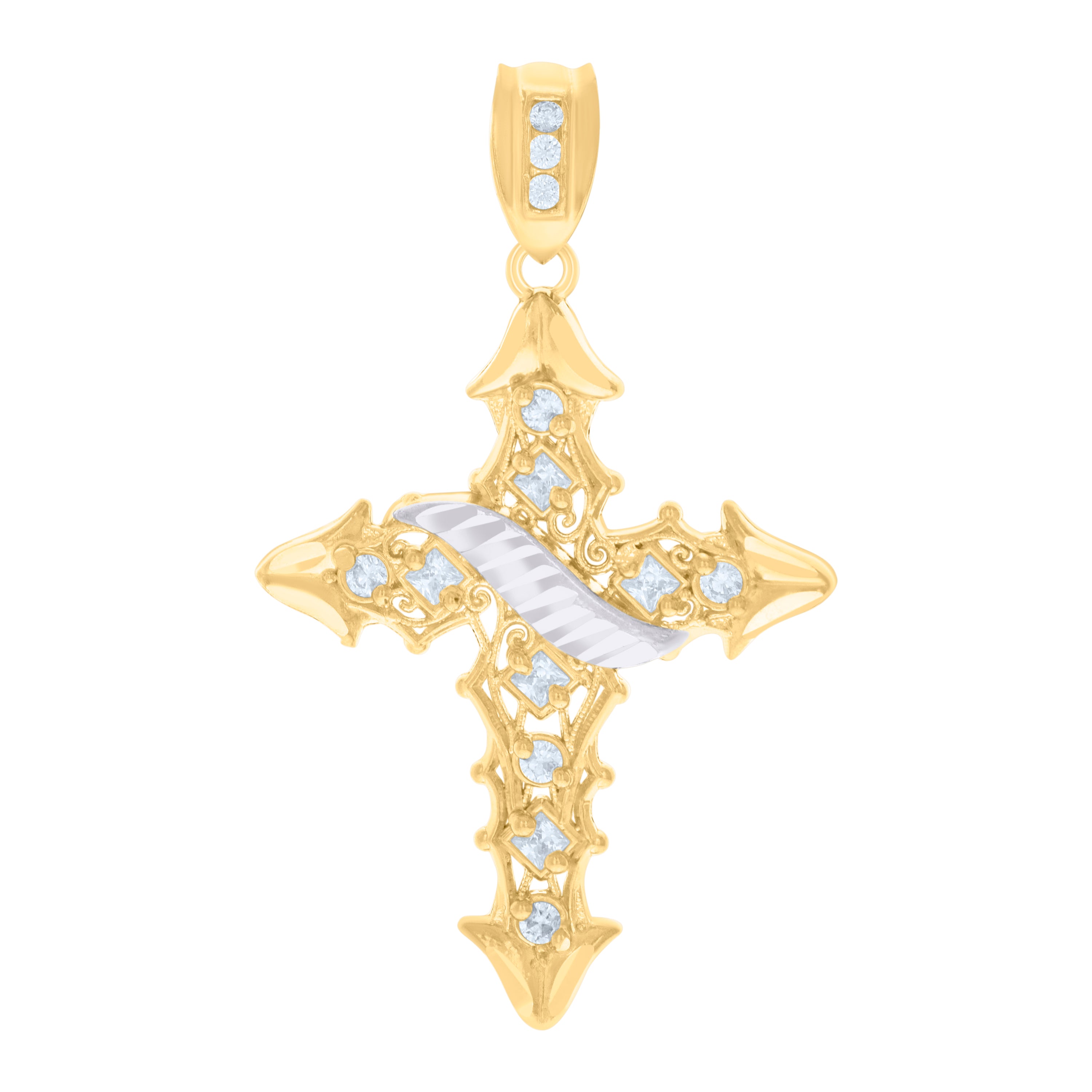 10kt Two-tone Gold Mens Princess-cut Round Cubic-Zirconia Filigree Cross Religious Charm Pendant