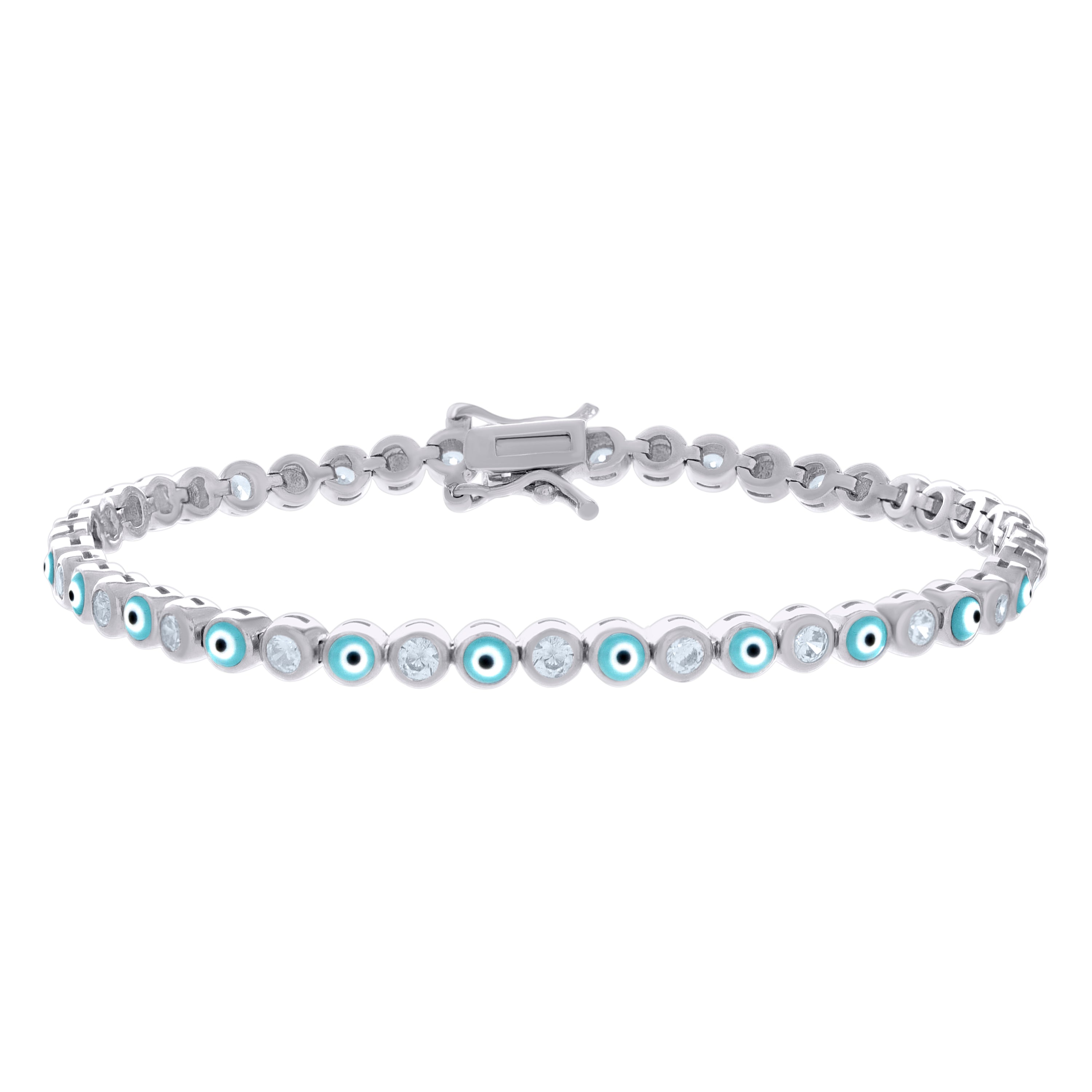 925 Sterling Silver Womens Cubic-Zirconia Evil Eye Good Luck Fashion Link Bracelet 7.25