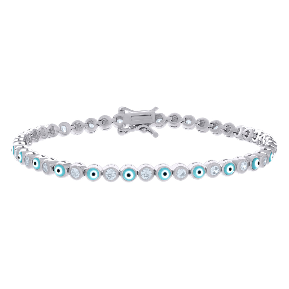 925 Sterling Silver Womens Cubic-Zirconia Evil Eye Good Luck Fashion Link Bracelet 7.25