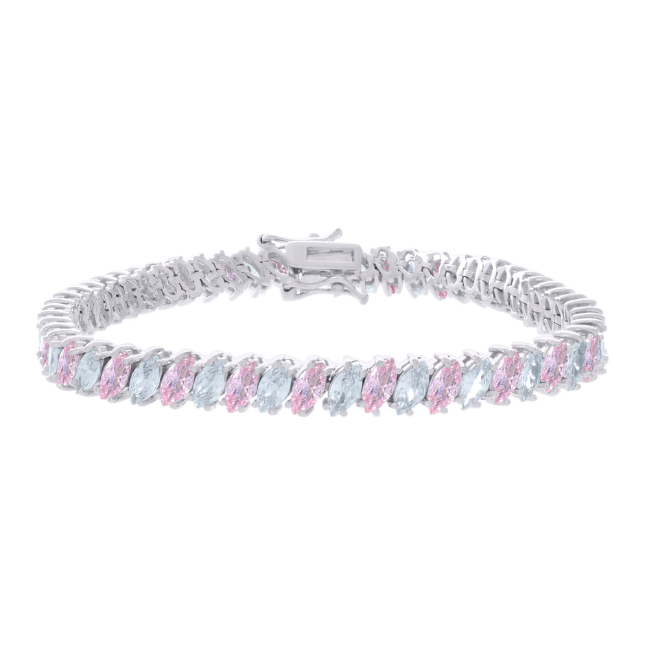 925 Sterling Silver Womens Light Pink White Marquise Cubic-Zirconia Fashion Link Bracelet 7.25