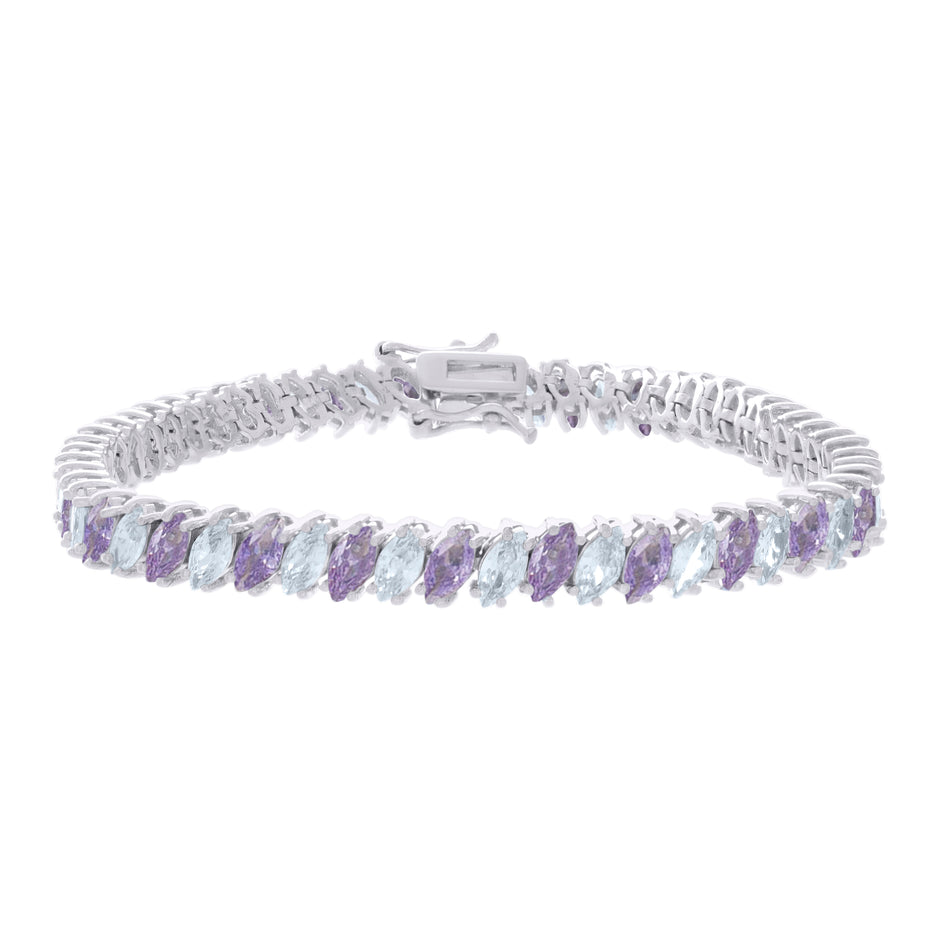 925 Sterling Silver Womens Purple White Marquise Cubic-Zirconia Fashion Link Bracelet 7.25