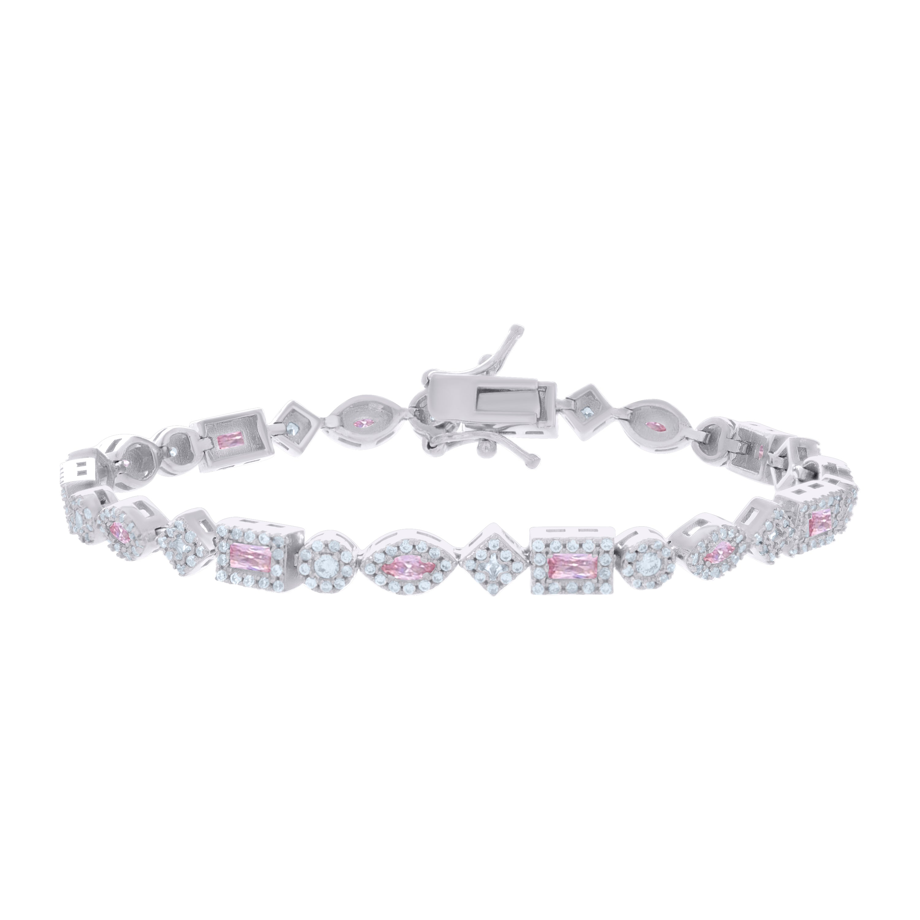 925 Sterling Silver Womens Light Pink White Baguette/Marquise Round Cubic-Zirconia Fashion Link Bracelet 7