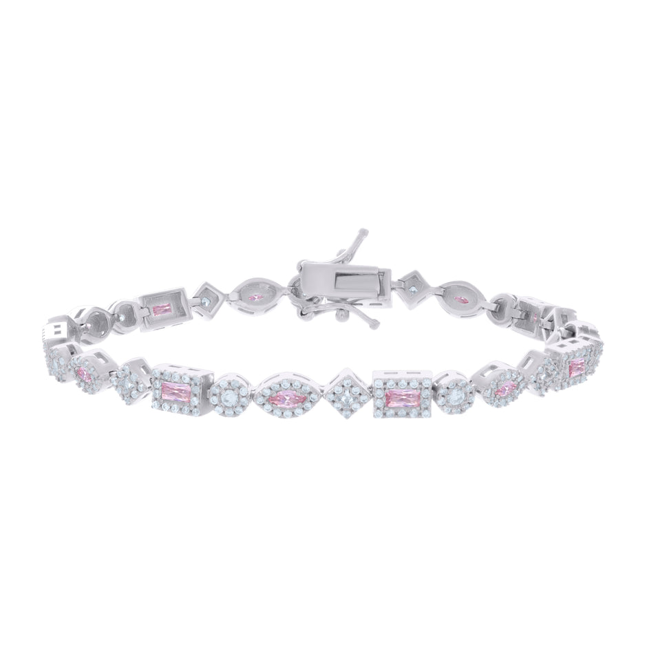 925 Sterling Silver Womens Light Pink White Baguette/Marquise Round Cubic-Zirconia Fashion Link Bracelet 7