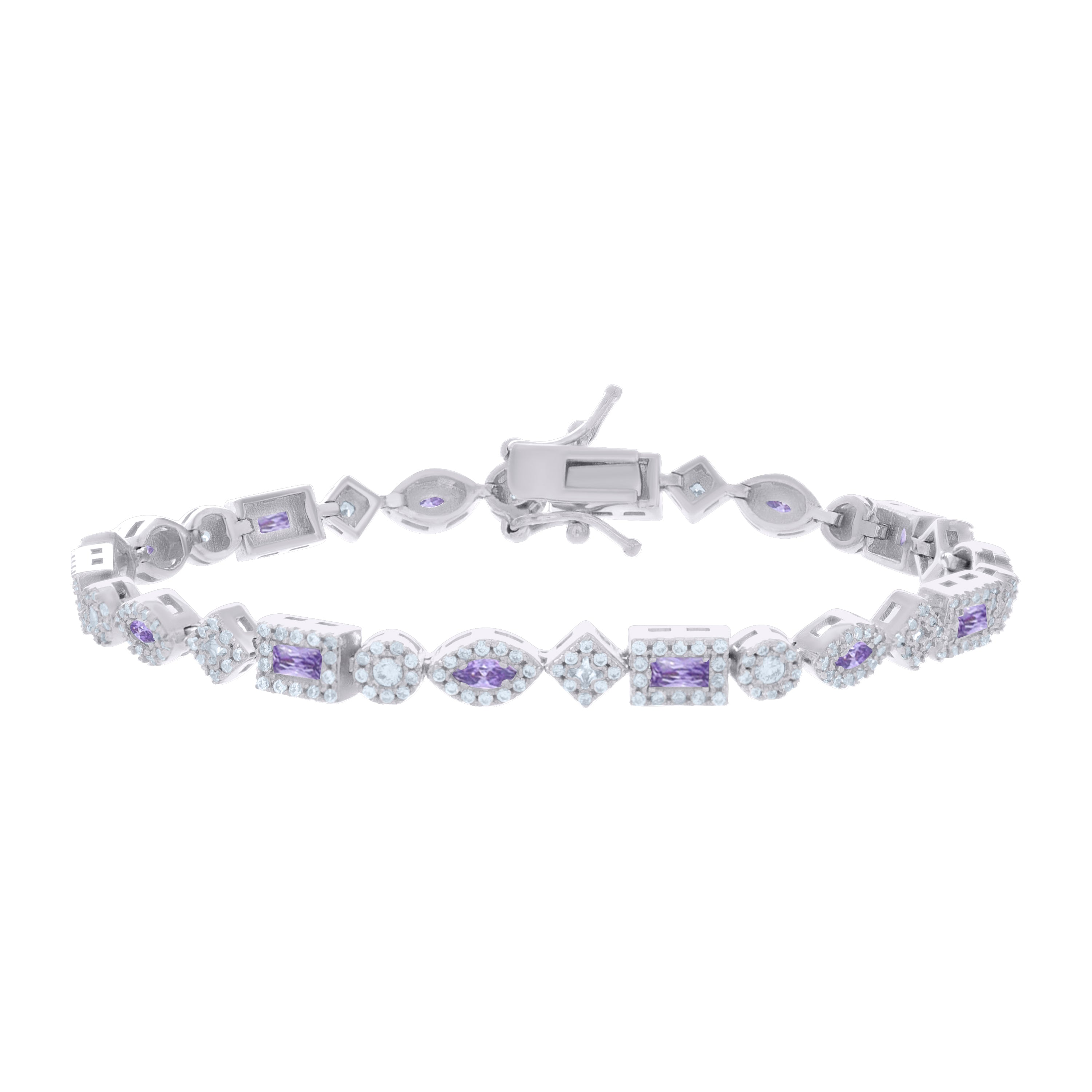 925 Sterling Silver Womens Purple White Baguette/Marquise Round Cubic-Zirconia Fashion Link Bracelet 7