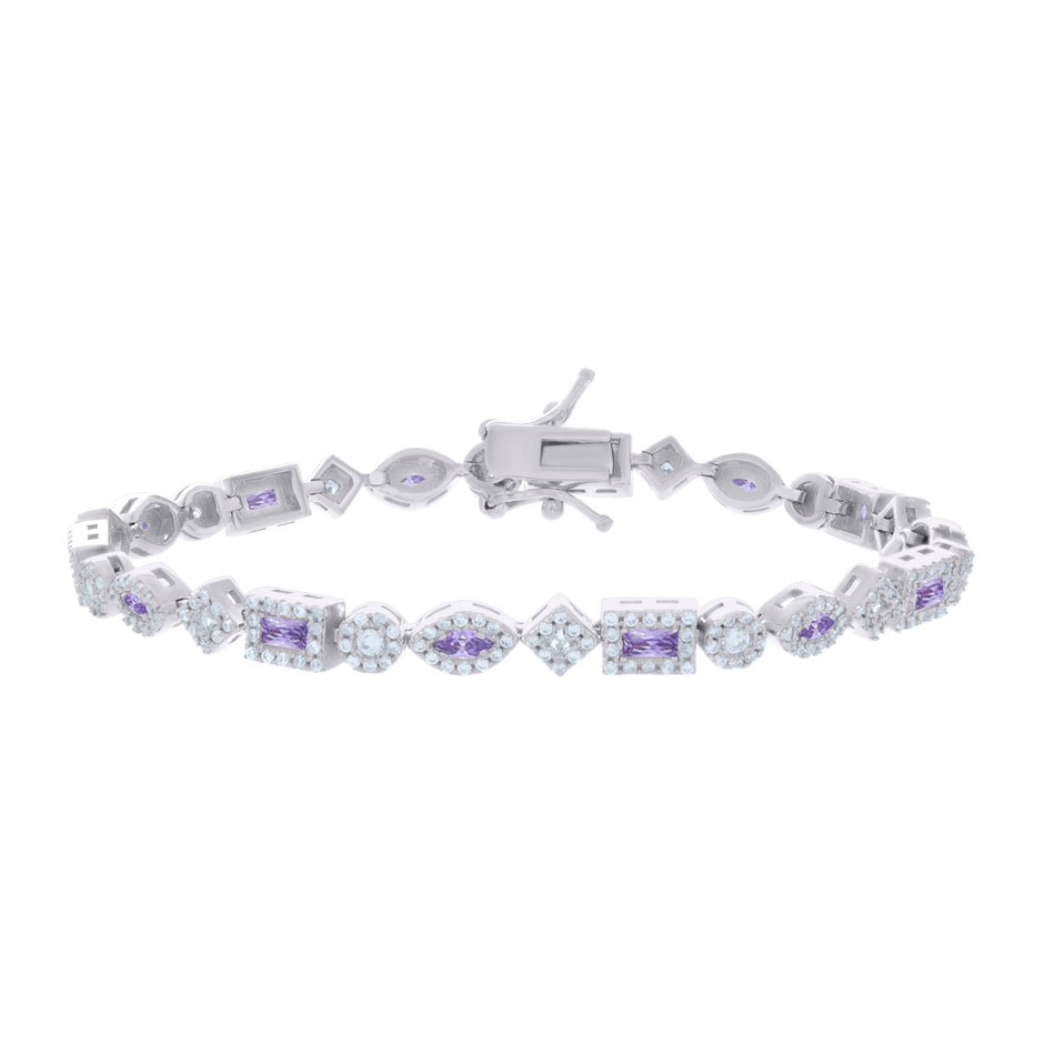 925 Sterling Silver Womens Purple White Baguette/Marquise Round Cubic-Zirconia Fashion Link Bracelet 7