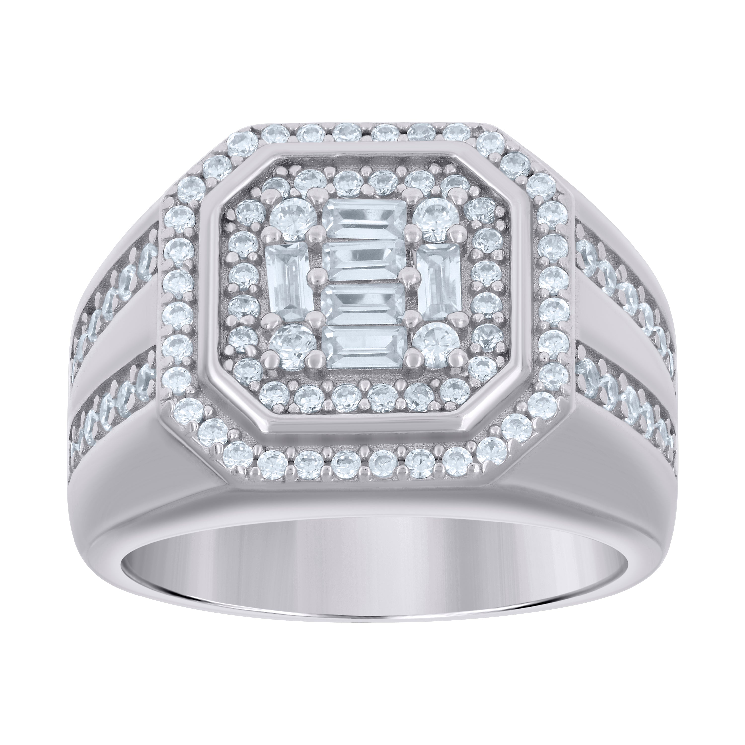 925 Sterling Silver Mens Baguette Round Cubic-Zirconia Octagon Head Fashion Ring Size 10 - SLV-123395