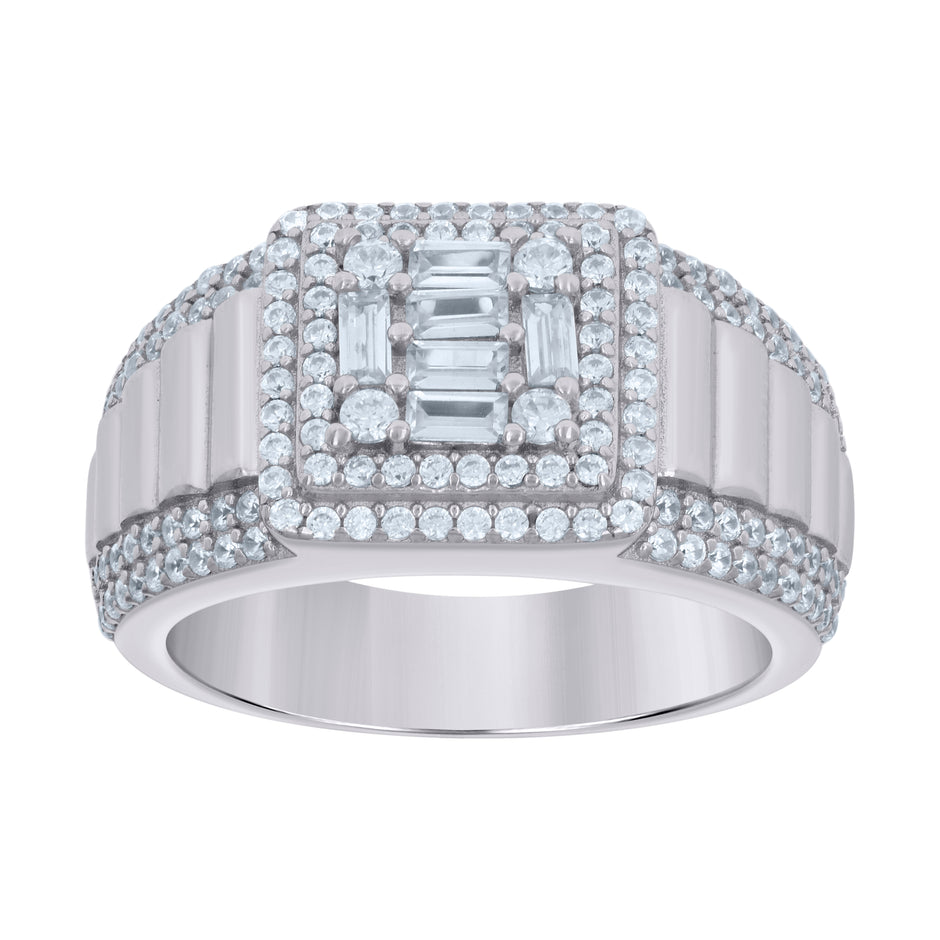 925 Sterling Silver Mens Baguette Round Cubic-Zirconia Fashion Ring Size 8 - SLV-123409