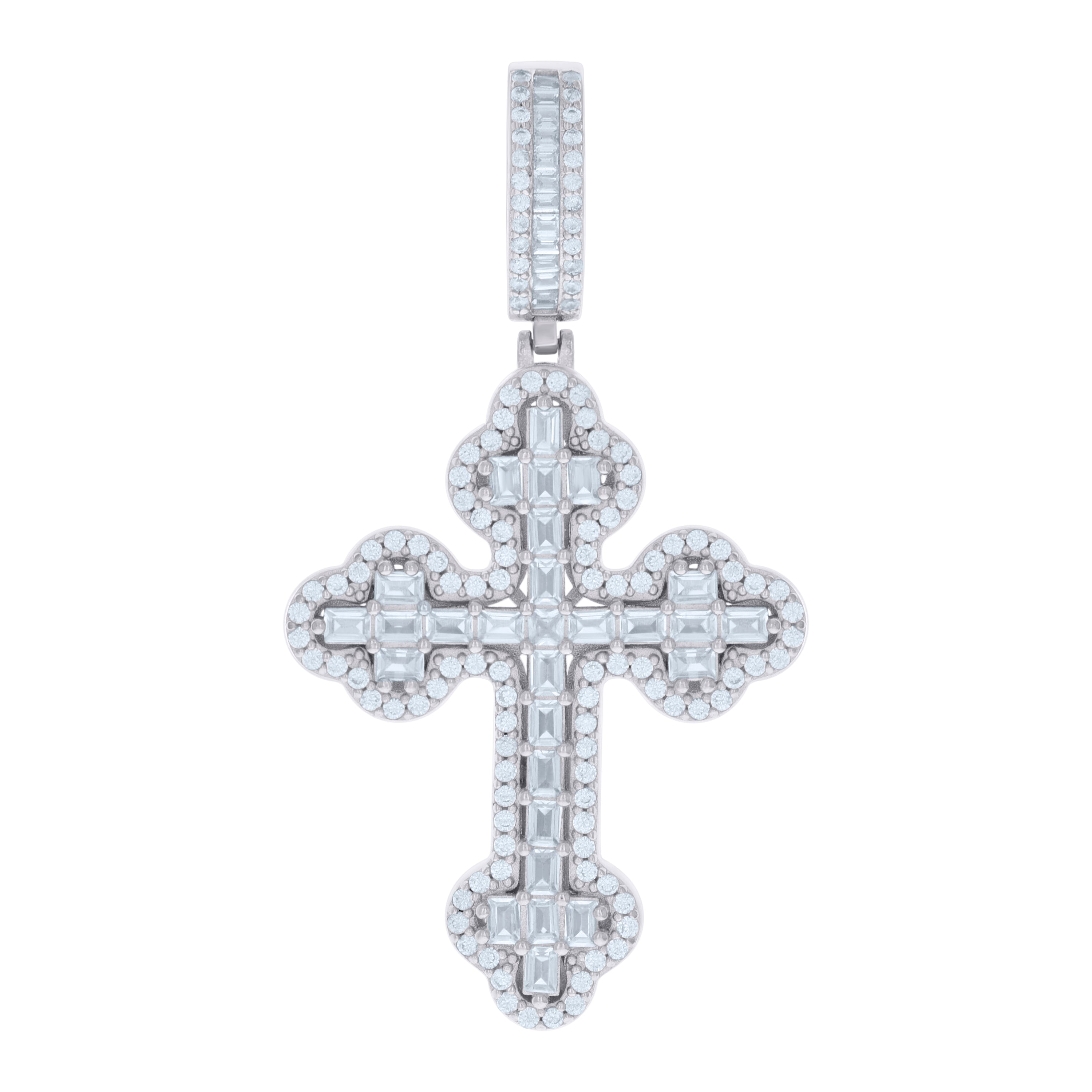 925 Sterling Silver Mens Baguette Round Cubic-Zirconia Cross Religious Charm Pendant