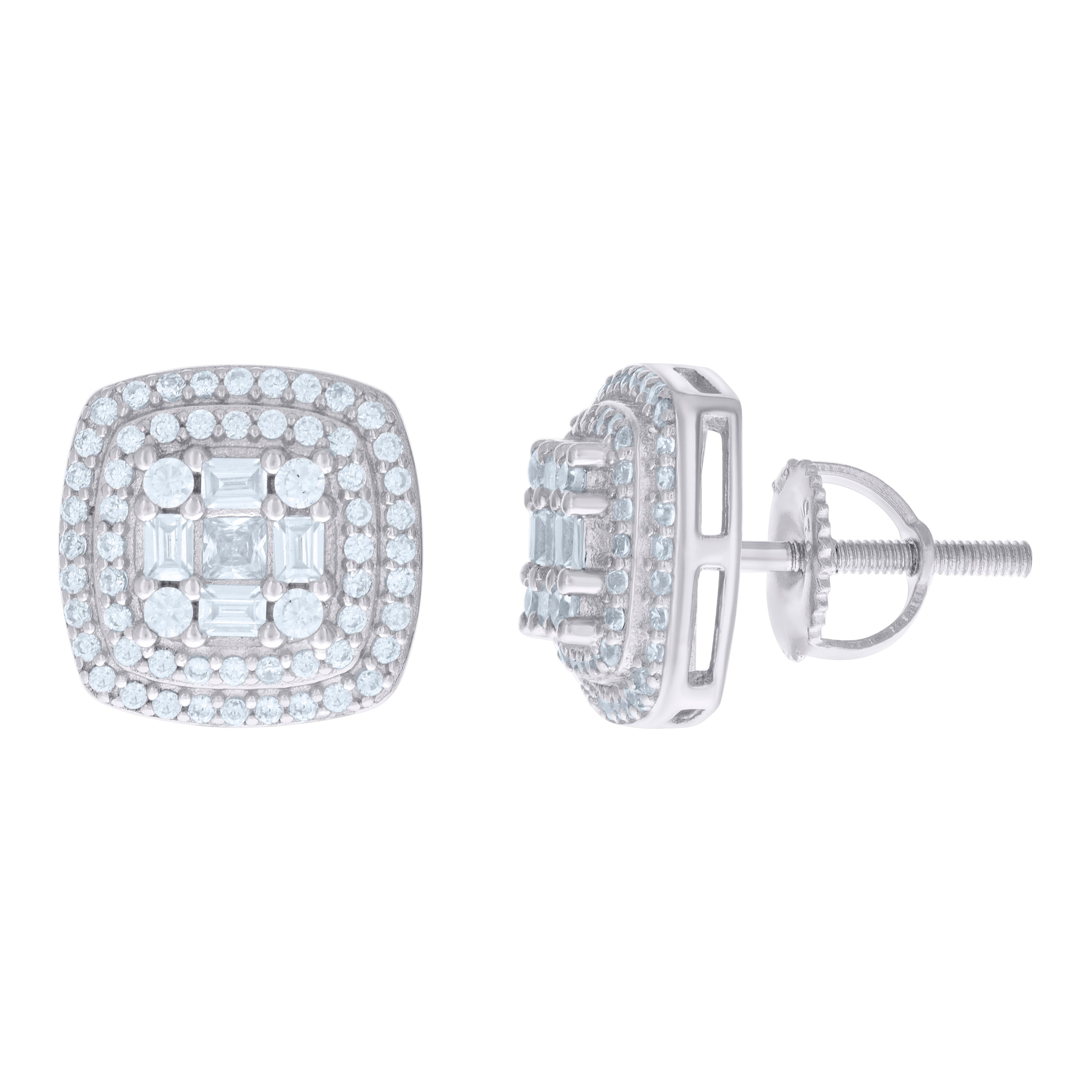 925 Sterling Silver Womens Baguette Round Cubic-Zirconia Square Stud Earrings