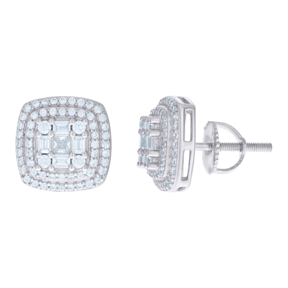 925 Sterling Silver Womens Baguette Round Cubic-Zirconia Square Stud Earrings