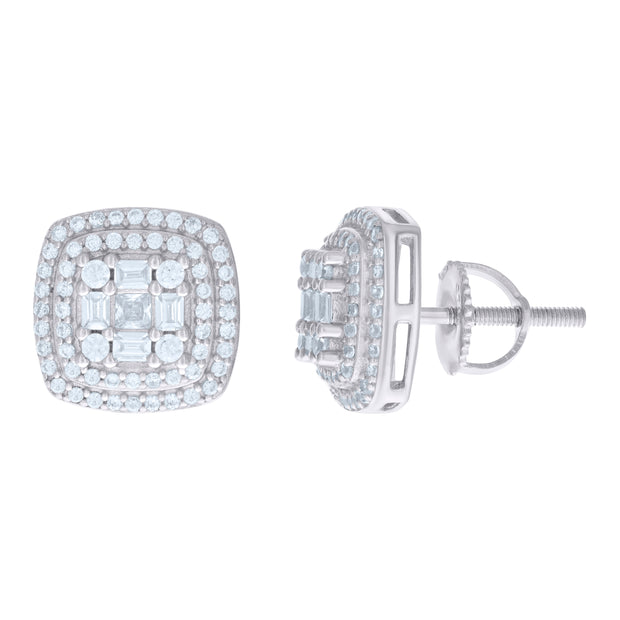 925 Sterling Silver Womens Baguette Round Cubic-Zirconia Square Stud Earrings