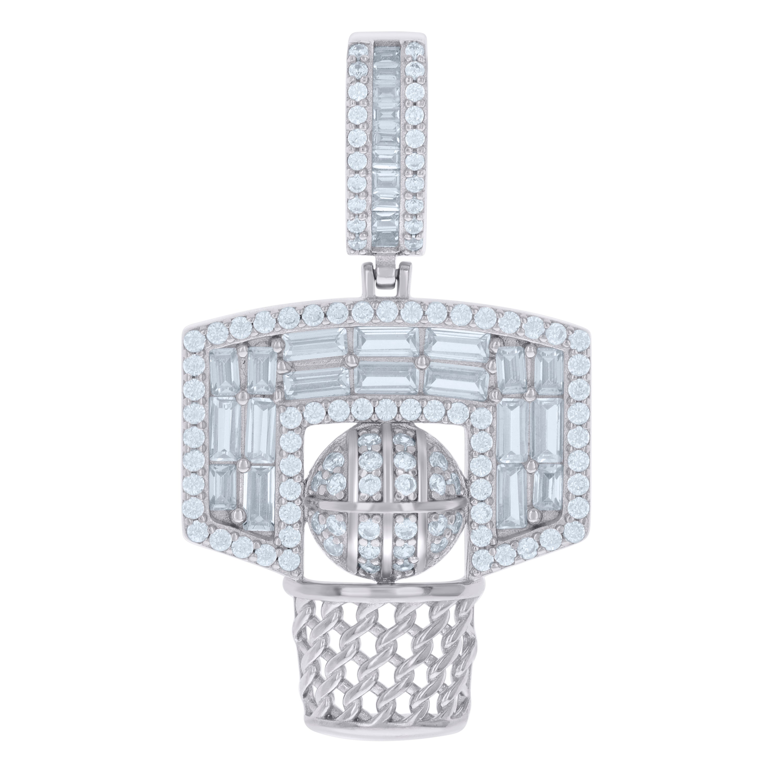 925 Sterling Silver Mens Baguette Round Cubic-Zirconia Basketball Sports Charm Pendant