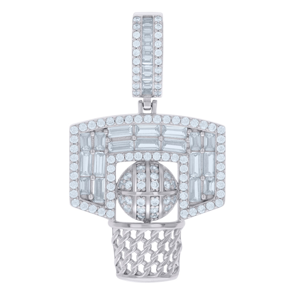 925 Sterling Silver Mens Baguette Round Cubic-Zirconia Basketball Sports Charm Pendant