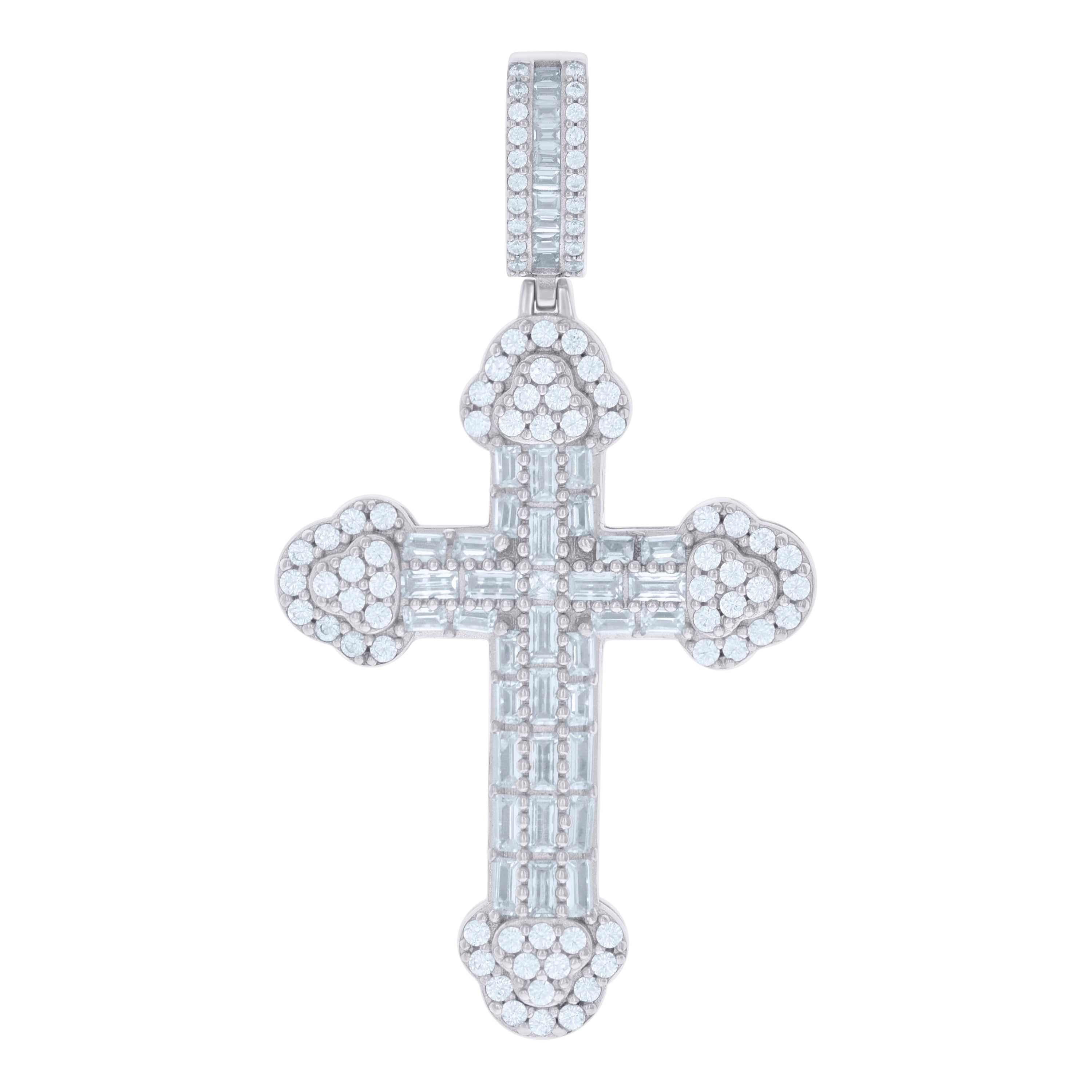 925 Sterling Silver Mens Baguette Round Cubic-Zirconia Cross Religious Charm Pendant