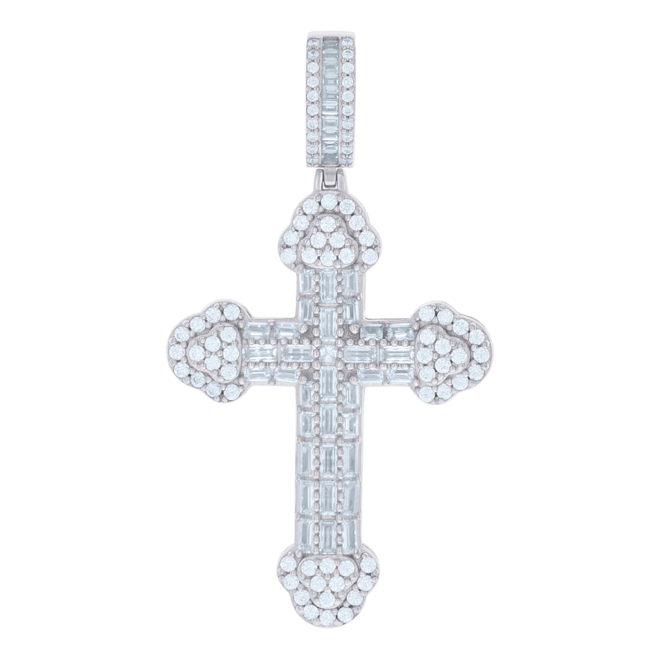 925 Sterling Silver Mens Baguette Round Cubic-Zirconia Cross Religious Charm Pendant