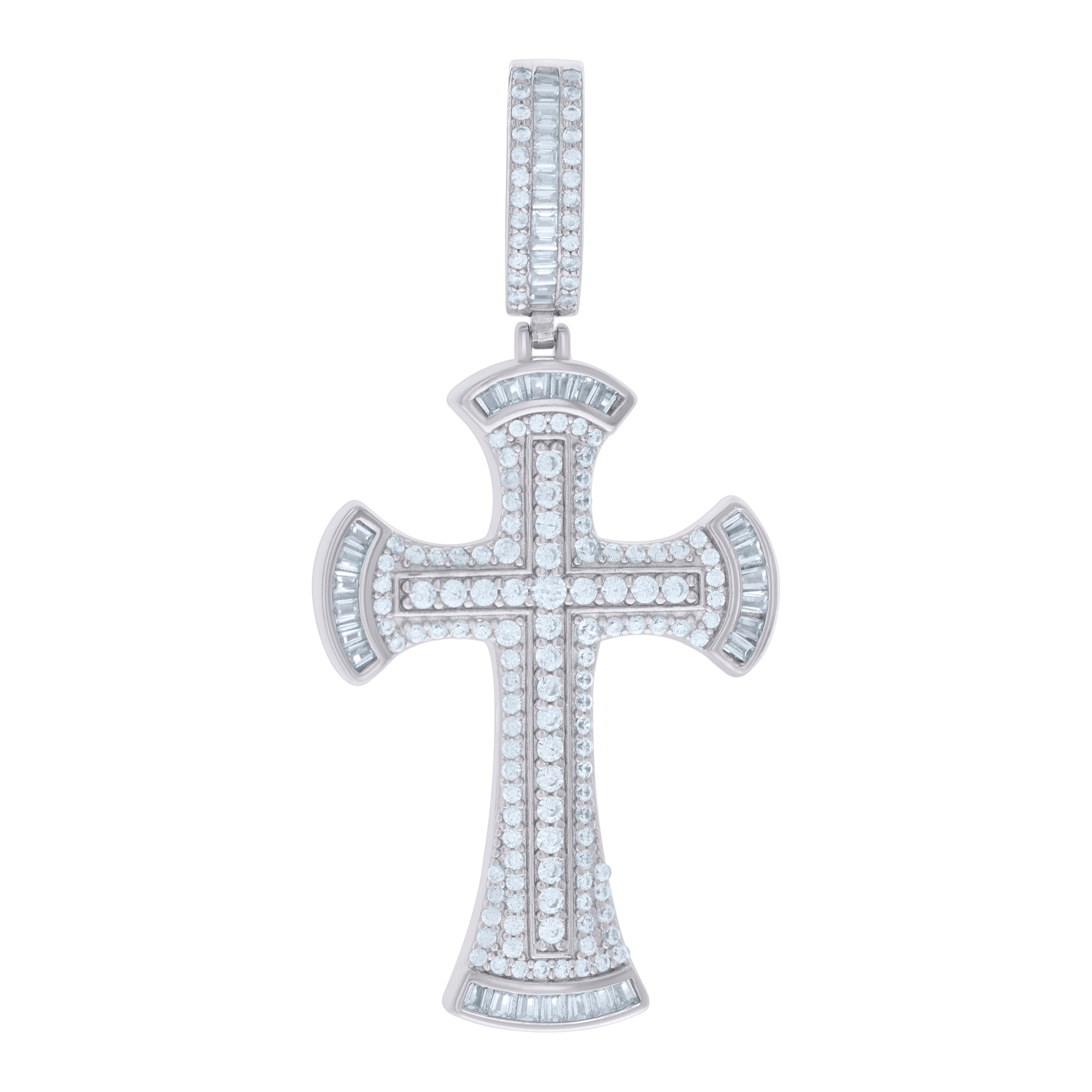 925 Sterling Silver Mens Baguette Round Cubic-Zirconia Cross Religious Charm Pendant