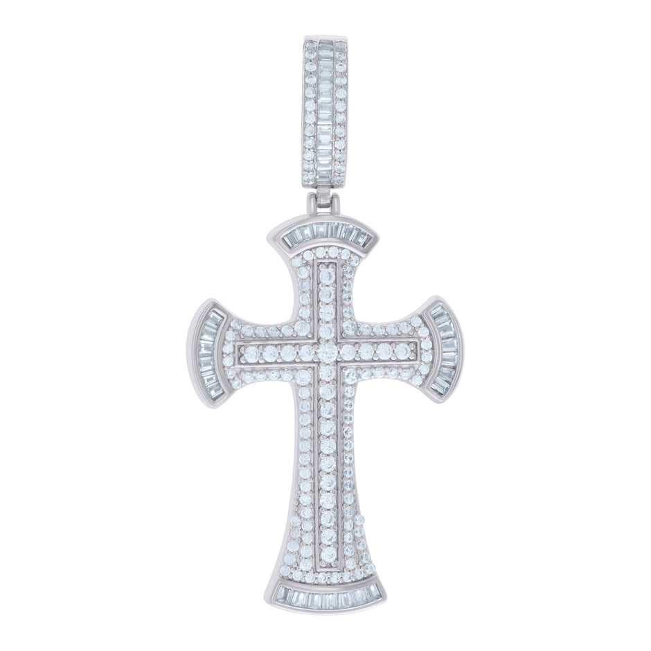 925 Sterling Silver Mens Baguette Round Cubic-Zirconia Cross Religious Charm Pendant